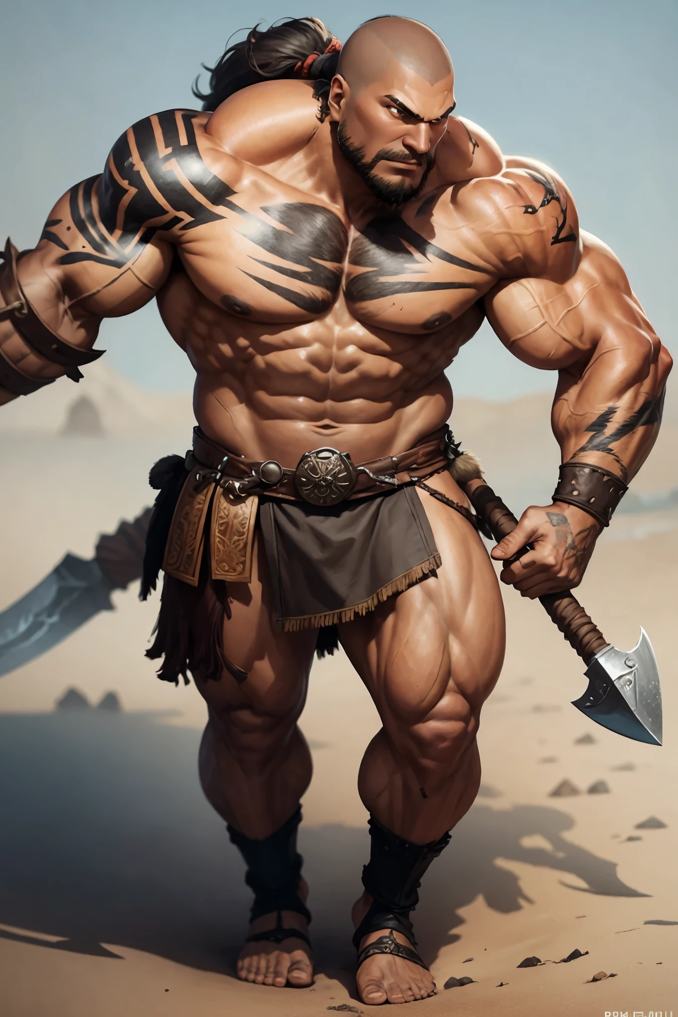 a close up of a goliath barbarian with a greataxe, Pail bule sink, young goliath , with red tattoos and scars on the body, male goliath portrait, covered in tattoos, fit young male , concept art of god, muscular , young god, barbarian male fantasy, detailed full body concept, goliath character, immortal, no wrinkles, bald head.