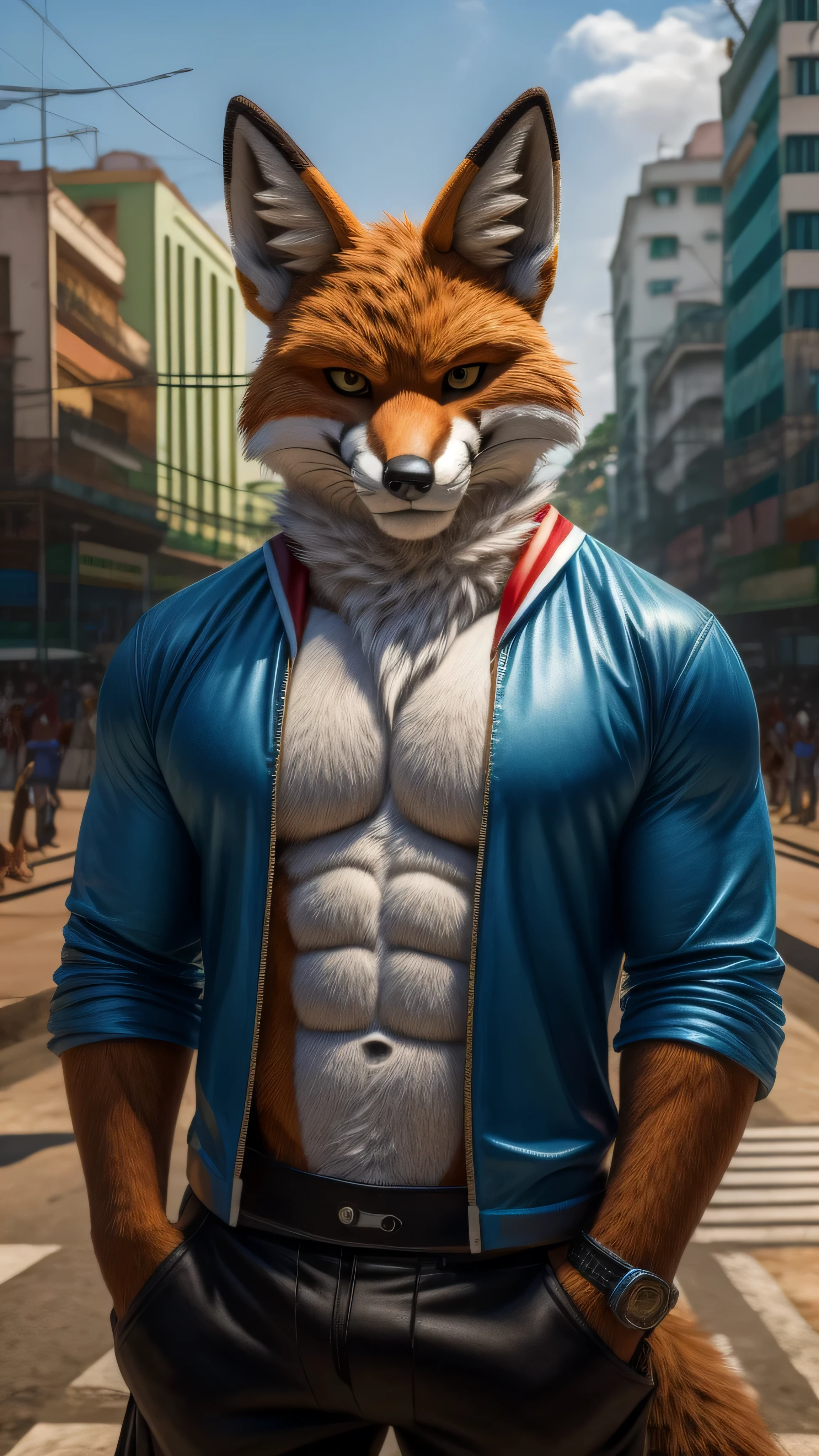 An adult muscular male Fox fursuit alone in a Brazilian city in São Paulo looking at the angry and very angry American viewer wearing a very sexy thong and like tattoos on his body blue fur and red eyes