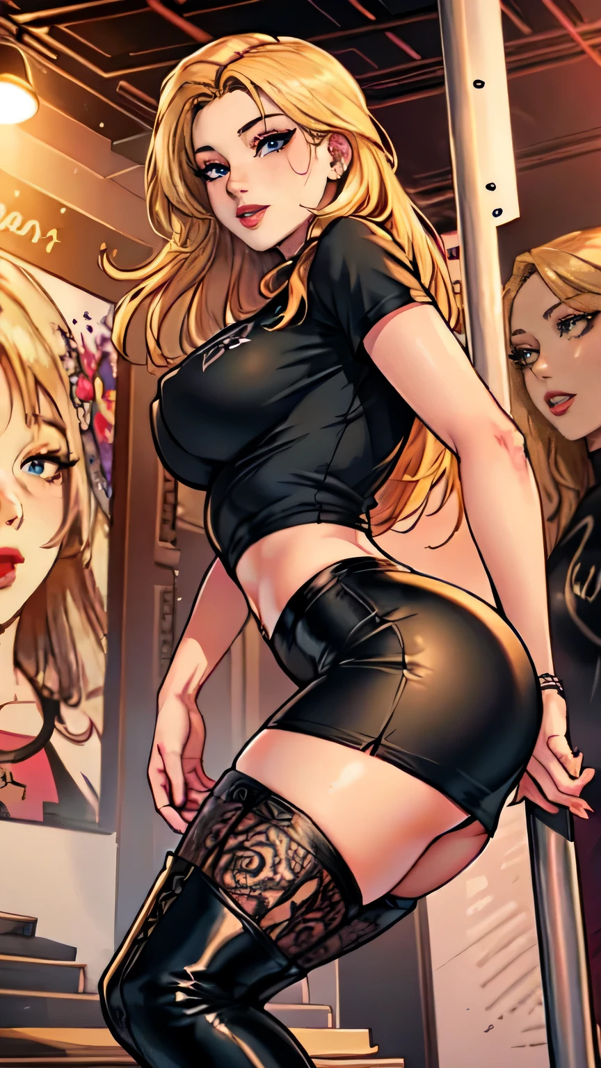 Masterpiece, raw, beautiful art, professional artist, 8k, art style by sciamano240, very detailed face, very detailed hair, 1 woman, perfectly drawn body, beautiful face, long hair, blonde hair , very detailed blue eyes , rosey cheeks, intricate details in eyes, playful smile, looking directly at viewer , in love with viewer expression, lipstick, wearing rock clothes, black t shirt, short pencil skirt, thigh boots, pole dancing on stage, stripclub setting, very close up on face,