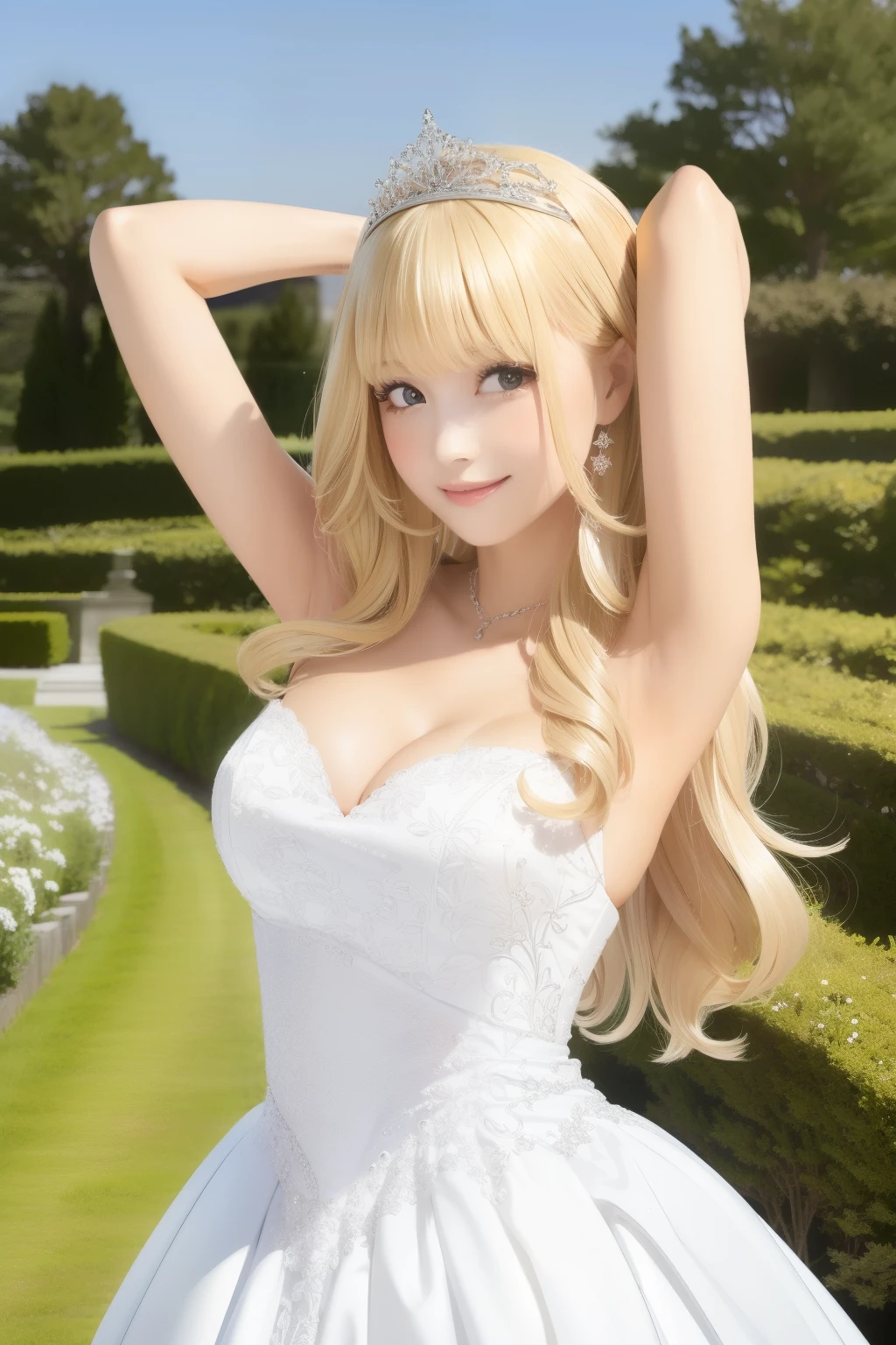 A girl,,wedding dress,european countryside,blonde,bangs bangs,pretty face,thick and muscular upper arms,armpit,tiara