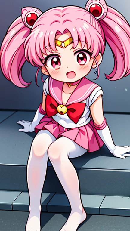 Sailor Moon，childhood，Young，Seven ，Cute little loli，Pink hair twintails，red eyes，short hair，Sailor suit，bow tie，White elbow gloves，Red Skirt，sitting，no shoes，Open your mouth，laughing out loud，Little tiger tooth，white pantyhose