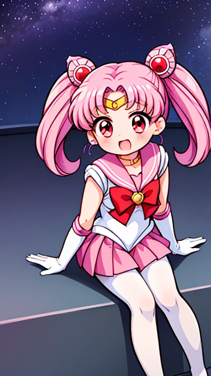 Sailor Moon,childhood,Young,Seven years old,Cute little ,Pink hair twintails,red eyes,short hair,Sailor suit,bow tie,White elbow gloves,Red Skirt,sitting,no shoes,Open your mouth,laughing out loud,Little tiger tooth,white pantyhose