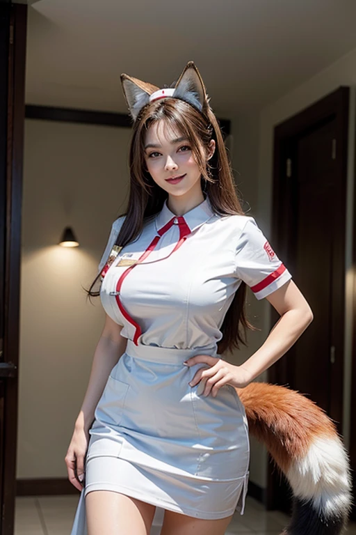 ((highest quality)), ((masterpiece)), (get used to it), perfect face, fox girl, Beautiful woman, public, A tail is growing, she has a fluffy tail, she has a fox tail, she wags her tail, smile, first round, She is wearing a nurse uniform, beautiful hips, big breasts , big tail