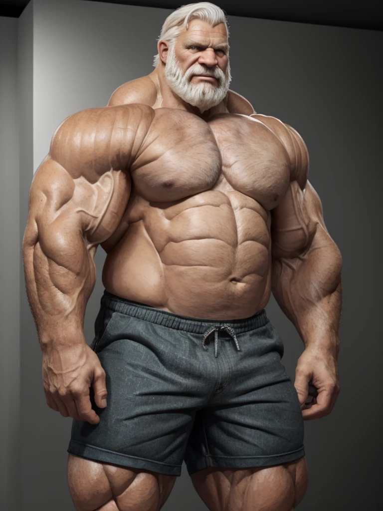 (ground level camera shot, medium shot.) (best quality,4k,8k,highres,masterpiece:1.2),ultra-detailed,(realistic,photorealistic,photo-realistic:1.37),((massive muscular)) ((huge Muscular)) old man standing in photo studio, simple background,  shorts , white hair, super thick arms, super big pectoral, super wide pectoral, topless, shirtless, 