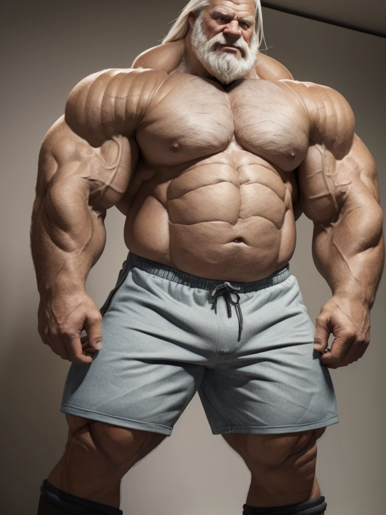 (ground level camera shot, medium shot.) (best quality,4k,8k,highres,masterpiece:1.2),ultra-detailed,(realistic,photorealistic,photo-realistic:1.37),((massive muscular)) ((huge Muscular)) old man standing in photo studio, simple background, shorts , white hair, super thick arms, super big pectoral, super wide pectoral, topless, shirtless,