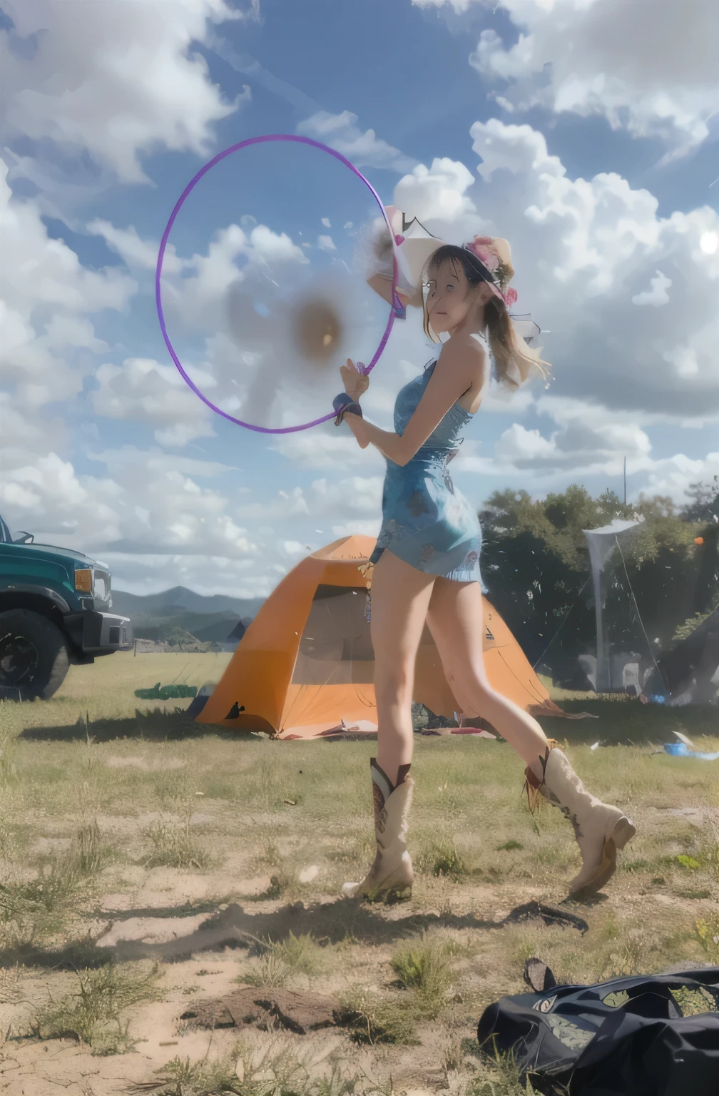 araffe woman in a blue dress playing with a hula hoop, festival vibes, 🤬 🤮 💕 🎀, a person at a music festival,😭 🤮 💕 🎀, twirling, working out in the field, sexy body, toned legs, in front of orange tent, front of green truck, cowboy boots