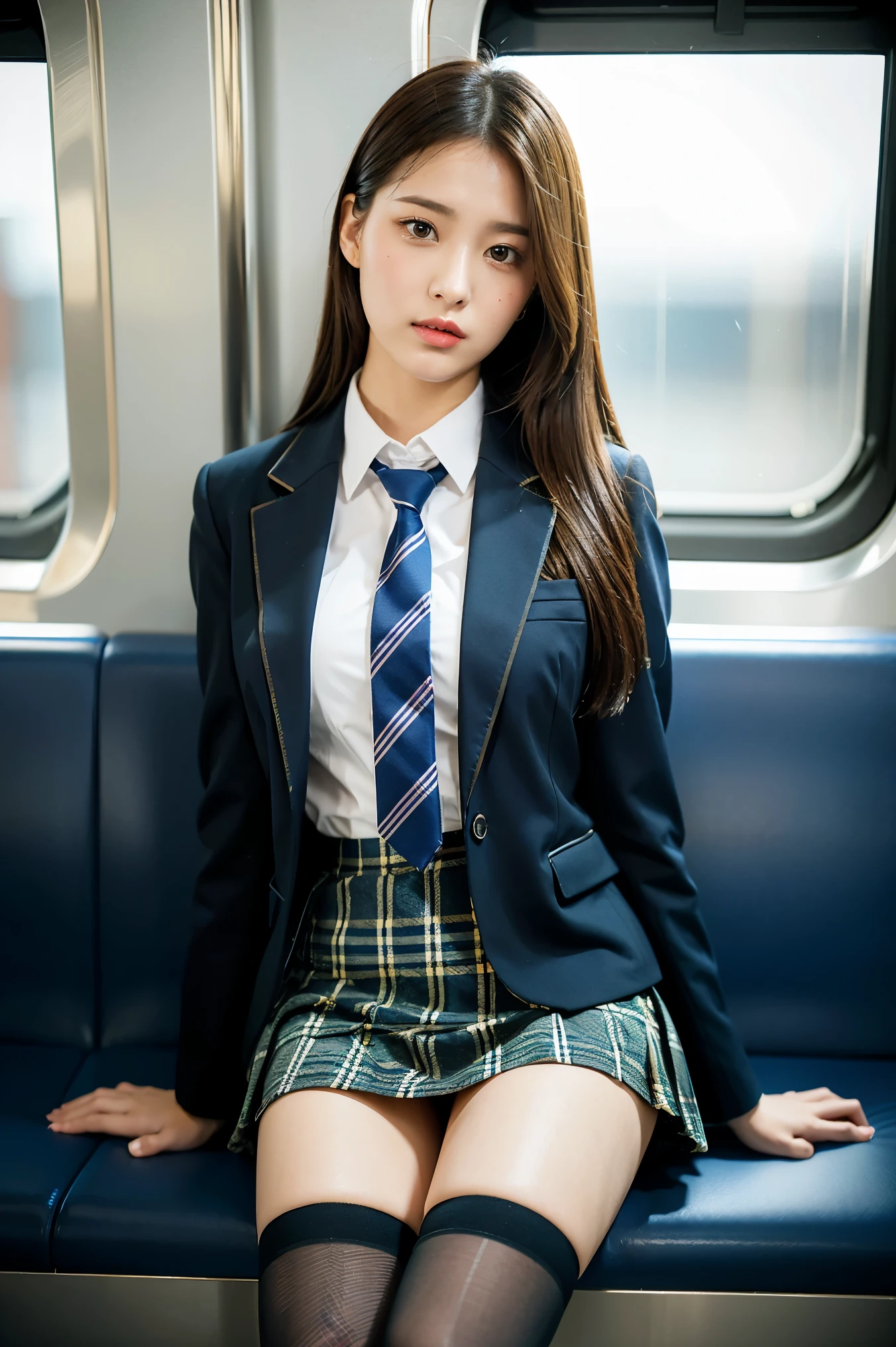 ((Female student sitting on a train seat ))，Charming eyes，Heartwarming action，Turn your face away from the camera，stooped，Bend over，turn back，Look up at your head，thick and long black hair，Highly detailed body，Highly detailed face，best qualtiy、(P boobs iNK underwear),(High School Girls),((White Blazer、emblem on breasts))、((Translucent blouse)),((red bowtie)),((navy check flare skirt)),(Black stockings)、((Outside the window, Hazy skyscrapers)),((White lace panties are visible))