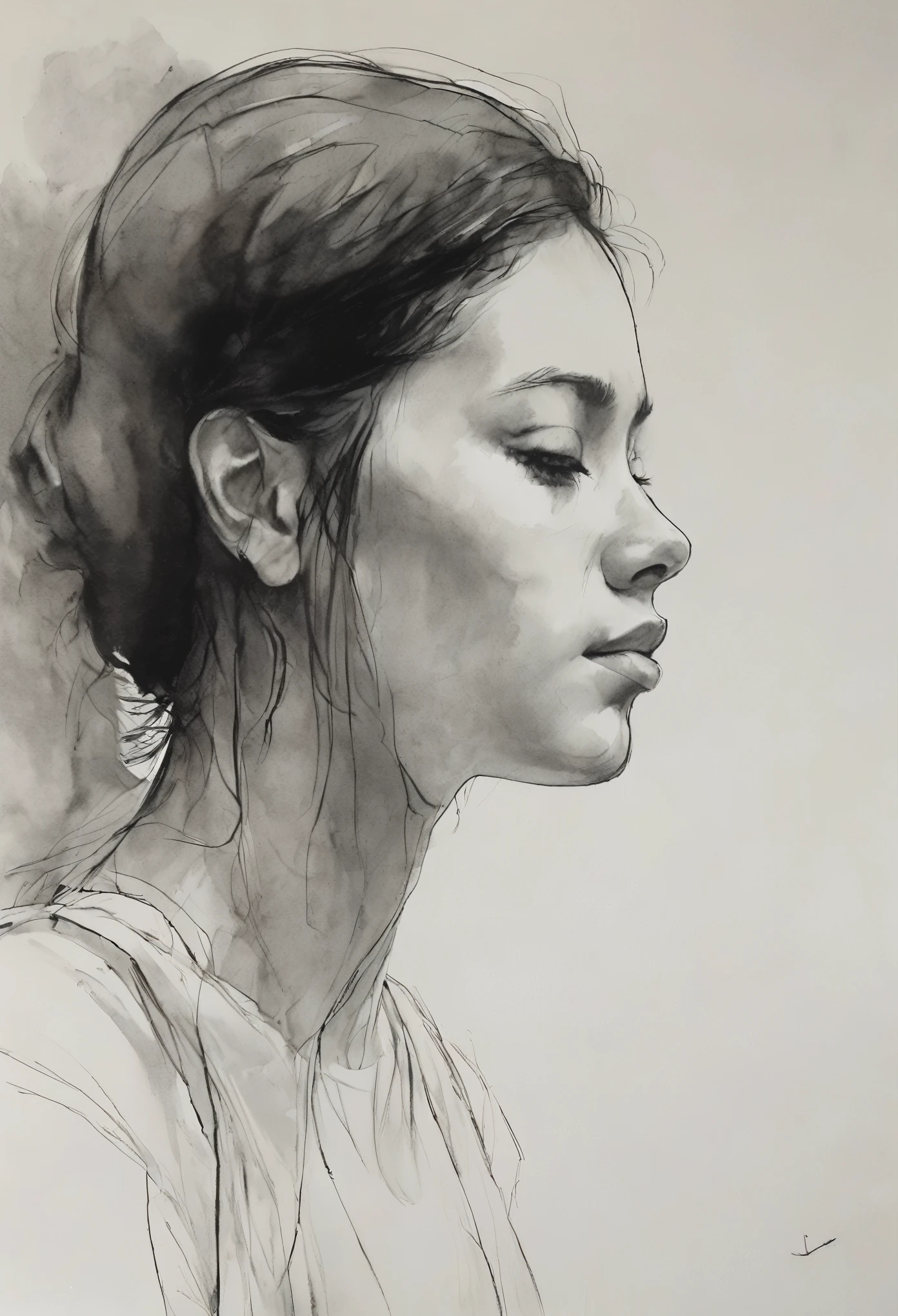 (highest quality, High resolution, masterpiece:1.2), Super detailed, realistic:1.37, Black ink sketch, smooth lines, Expressive facial expressions and postures, minimalistic background, Emphasis on light and shadow and spatial perception, Plenty of negative space, young girl.Ink Portrait,Smooth flowing lines,Expressive facial features,Delicate emotions,Ink density contrast,simple background,Emphasis on light and shadow,amplitude,Plenty of negative space,peaceful atmosphere,calm atmosphere,feels like a dream,Delicate yet fascinating details,calm colors,Calm and introspective,elegant posture,Gentle movements,kind and innocent,A whisper of elegance,Quiet elegance,shining brightness,sublime beauty,Vector illustration,black and white,Natural and Organic,Nurturing and calming,Sublime simplicity,fantastic charm.
