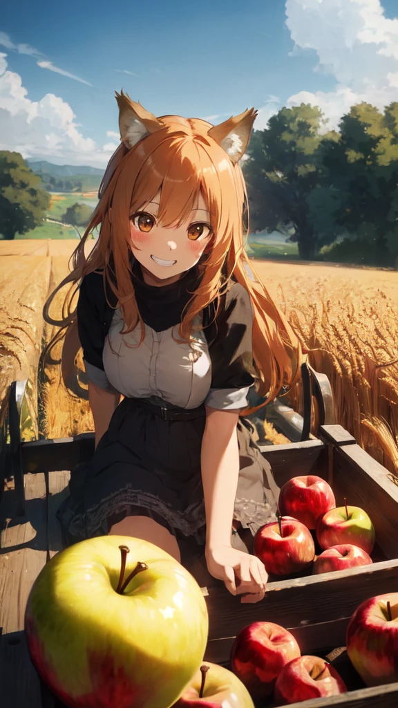 (best quality:1.2), (ultra detailed:1.2), ultra high resolusion, highres,8k, Country roads, wheat fields, hoodless horse-drawn carriage, "Spice and Wolf", Holo lying on a heap of apples piled up on a loading platform, grin, orange hair, long hair, wolf ears, bushy wolf tail, afternoon, and a little apple left with only a core,