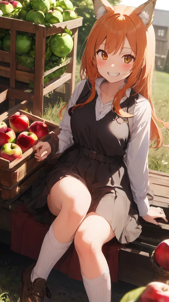 (best quality:1.2), (ultra detailed:1.2), ultra high resolusion, highres,8k, Country roads, wheat fields, hoodless horse-drawn carriage, "Spice and Wolf", Holo lying on a heap of apples piled up on a loading platform, grin, orange hair, long hair, wolf ears, bushy wolf tail, afternoon, and a little apple left with only a core,