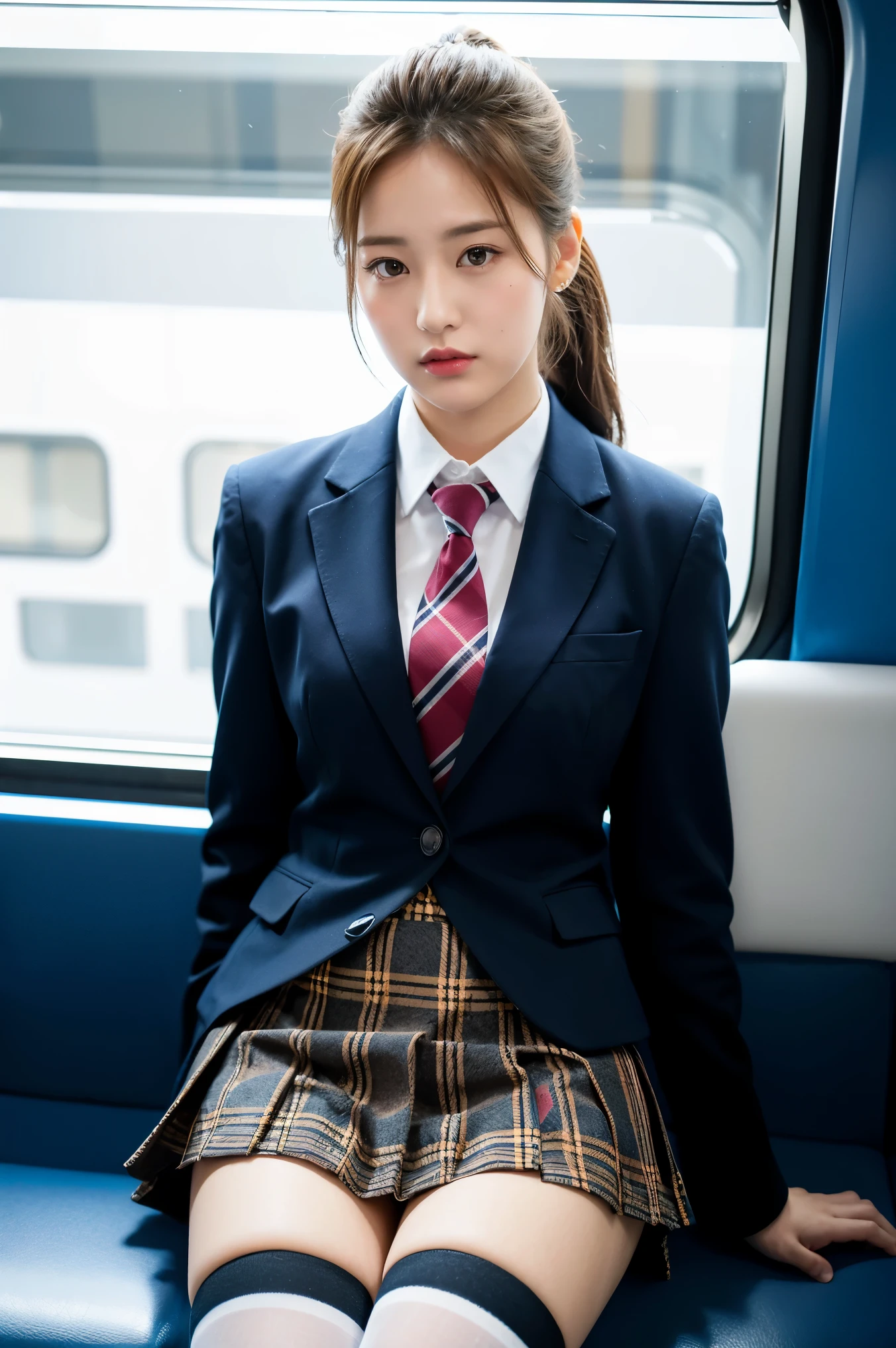 (8K), (highest quality: 1.2), (realistic), (realistic: 1.37), ultra high resolution, 1 girl, cute, serious face, closed mouth, beautiful details, beautiful nose, beautiful hair, ponytail,giant dulcefo, pork, thighs,self snap,University Student Uniform,Sitting on a train in Tokyo,simple blazer,pleated skirt,(The pattern of the skirt and tie is a tartan check pattern....:1.3),cross your legs, From above,(thighsにクローズアップ),(光沢のあるthighs),(Opaque blue knee-high socks:1.2)