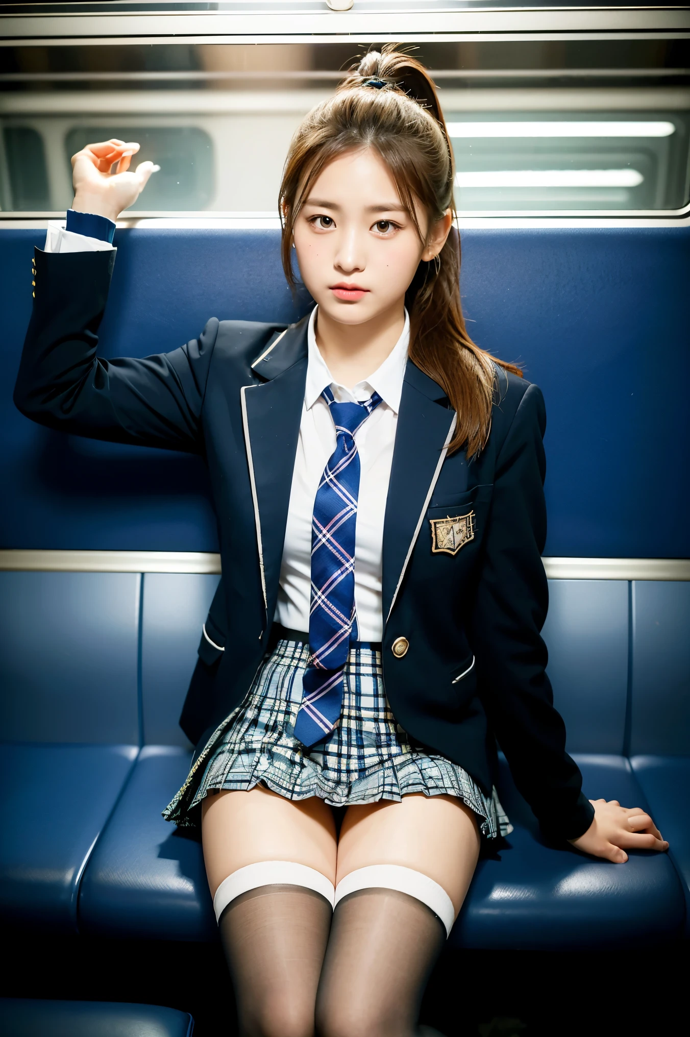 (8K), (highest quality: 1.2), (realistic), (realistic: 1.37), ultra high resolution, 1 girl, cute, serious face, closed mouth, beautiful details, beautiful nose, beautiful hair, ponytail,giant dulcefo, pork, thighs，self snap,University Student Uniform,Sitting on a train in Tokyo,simple blazer,pleated skirt,(The pattern of the skirt and tie is a tartan check pattern....:1.3),cross your legs, From above,(thighsにクローズアップ),(光沢のあるthighs),(Opaque blue knee-high socks:1.2)