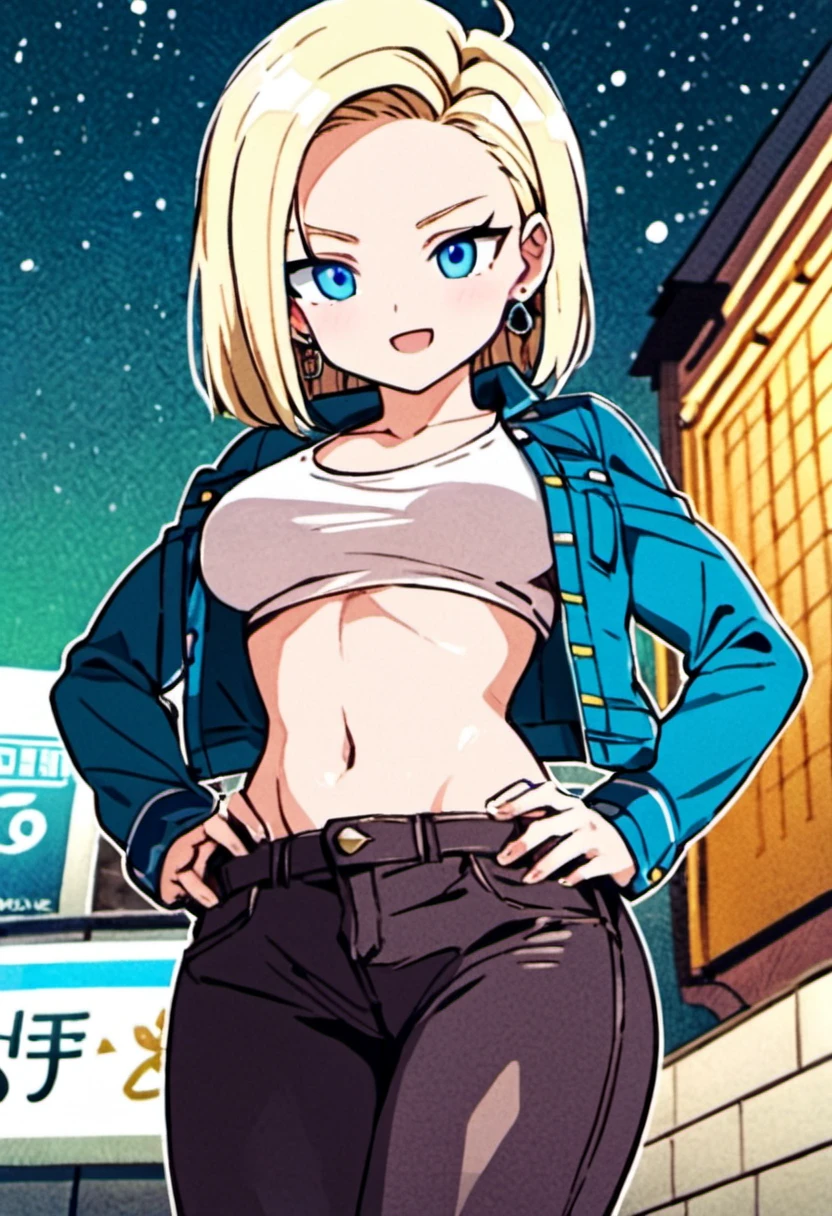 A man with blue eyes and a white top standing in front of a building(Anime two-headed girl), android 18, Annie Leonhart in a neon city, Saiyan Girl, anime style character, anime style. 8K, anime style hyper detailed, Fan art of urban girls, official artwork, anime style 4 k, in anime style, high detailed official artwork, Inspired by INO, Annie Leonhart