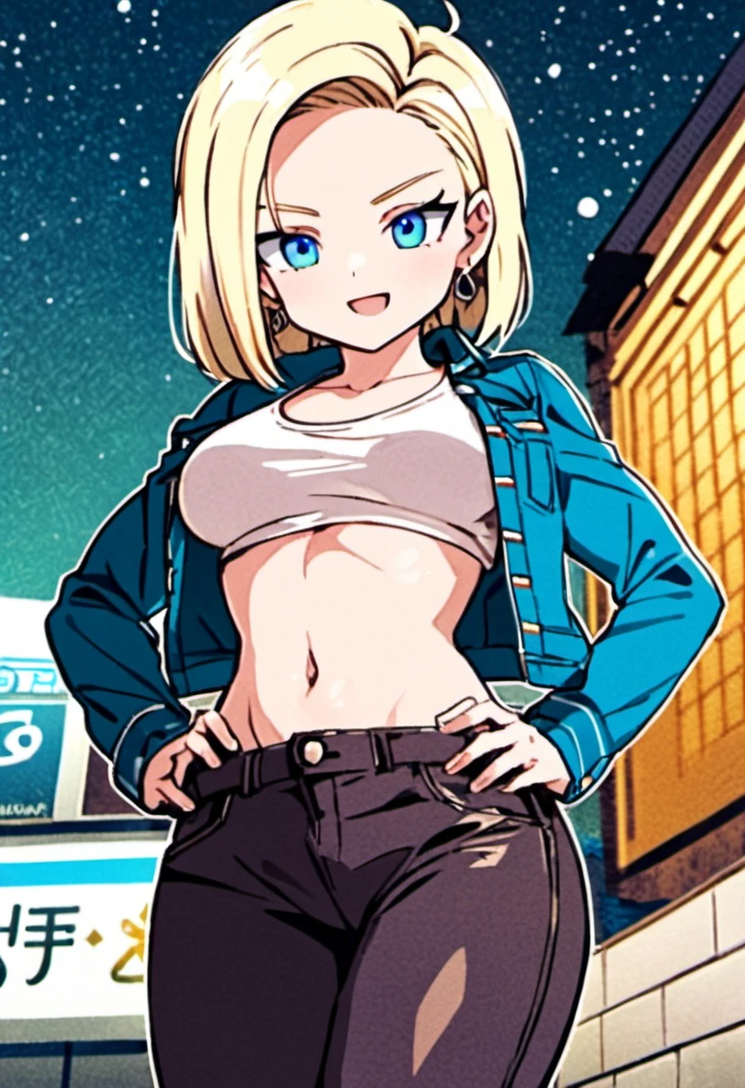 A man with blue eyes and a white top standing in front of a building(Anime two-headed girl), android 18, Annie Leonhart in a neon city, Saiyan Girl, anime style character, anime style. 8K, anime style hyper detailed, Fan art of urban girls, official artwork, anime style 4 k, in anime style, high detailed official artwork, Inspired by INO, Annie Leonhart