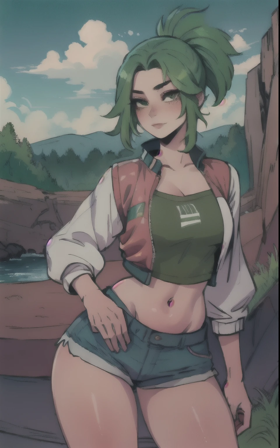 Best quality, masterpiece, (1 girl solo),exquisite facial features,Beautiful detailed eyes, 4K, HDR,  green hair, bright skin, micro shorts, cropped jacket, vest, hips, thick hips, ponytail,