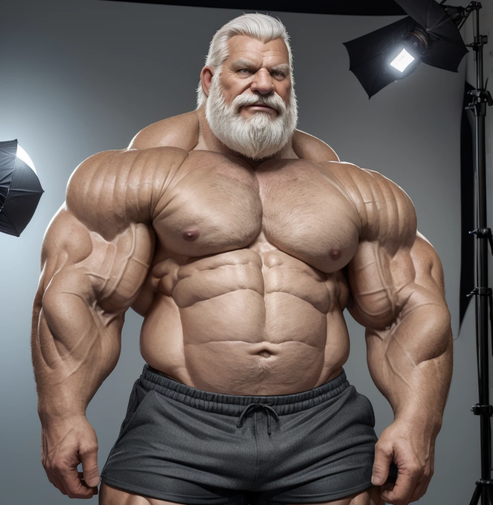 ground level camera shot, (best quality,4k,8k,highres,masterpiece:1.2),ultra-detailed,(realistic,photorealistic,photo-realistic:1.37),((massive muscular)) ((huge Muscular)) old man standing in photo studio, simple background,  shorts , white hair, super thick arms, super big pectoral, super wide pectoral, topless, shirtless