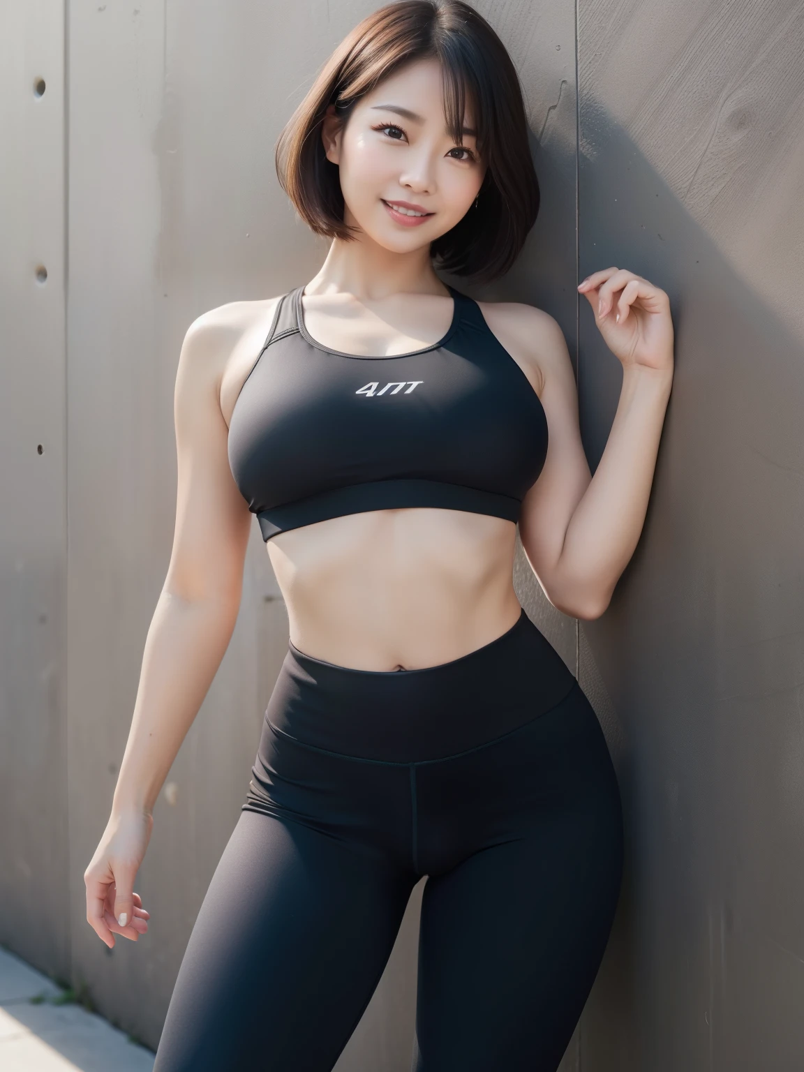 ((masterpiece))、((highest quality))、photograph、reality、High level image quality、Advanced depth of field、get used to it、realistic lighting、secretary、40 years old、delicate features、short hair、Realistic background and accessories、big and soft breasts、sexy lips、sports gym、A sports bra that accentuates the roundness and softness of your breasts、thighs、leggings、bright smile、between the legs、erection、Stand leaning against the wall、