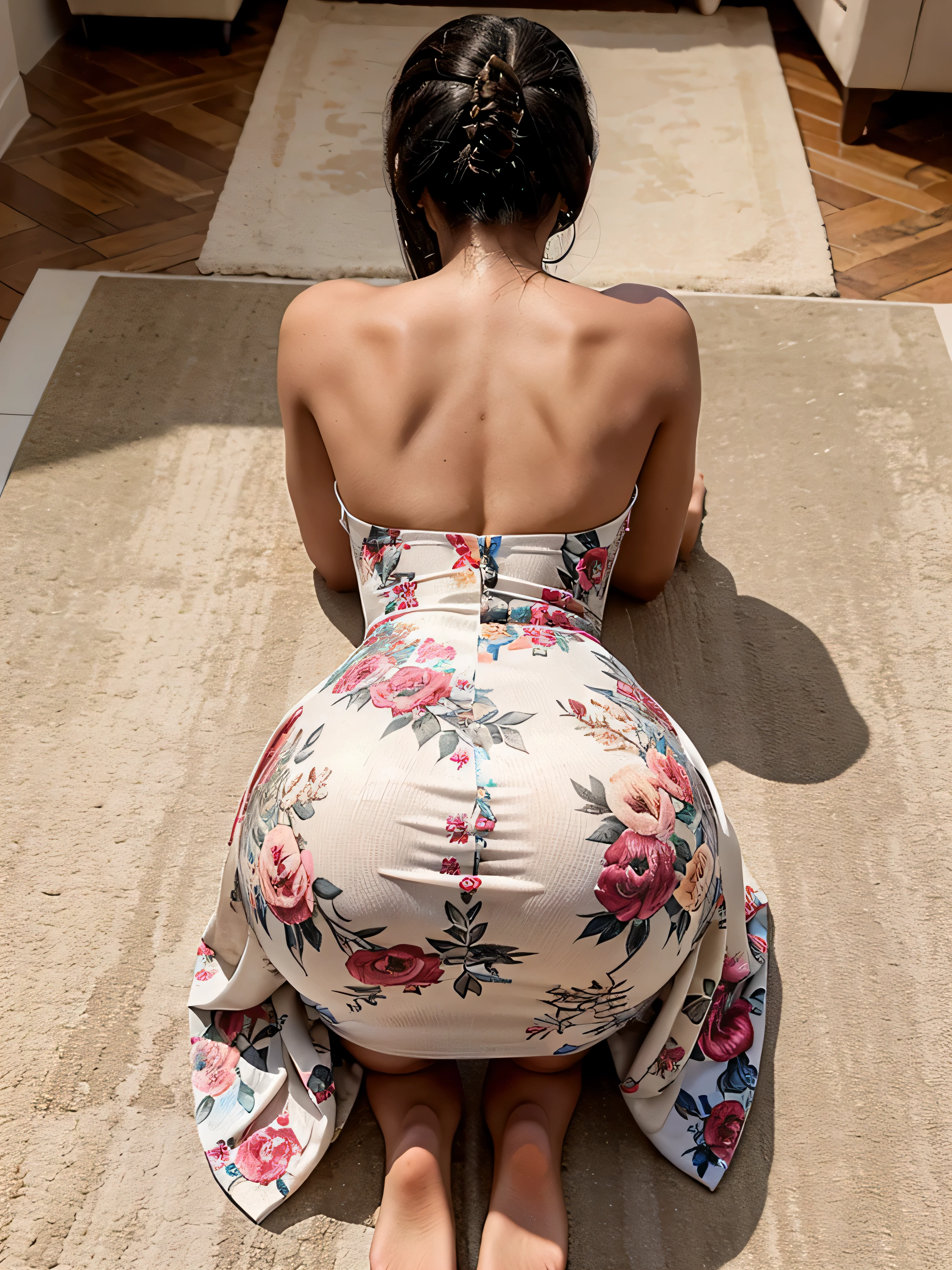 (realistic), (detailed), (accurate), Kylie Jenner lookalike on the floor on her knees in a long dress , rear view , bodycon, full length dress, floral long dress