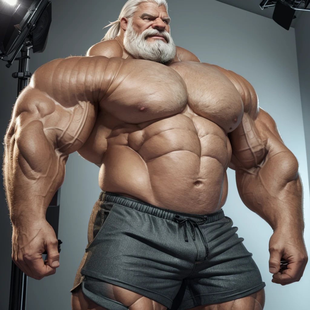 (ground level camera shot, medium shot.) (best quality,4k,8k,highres,masterpiece:1.2),ultra-detailed,(realistic,photorealistic,photo-realistic:1.37),((massive muscular)) ((huge Muscular)) old man standing in photo studio, simple background,  shorts , white hair, super thick arms, super big pectoral, super wide pectoral, topless, shirtless, 