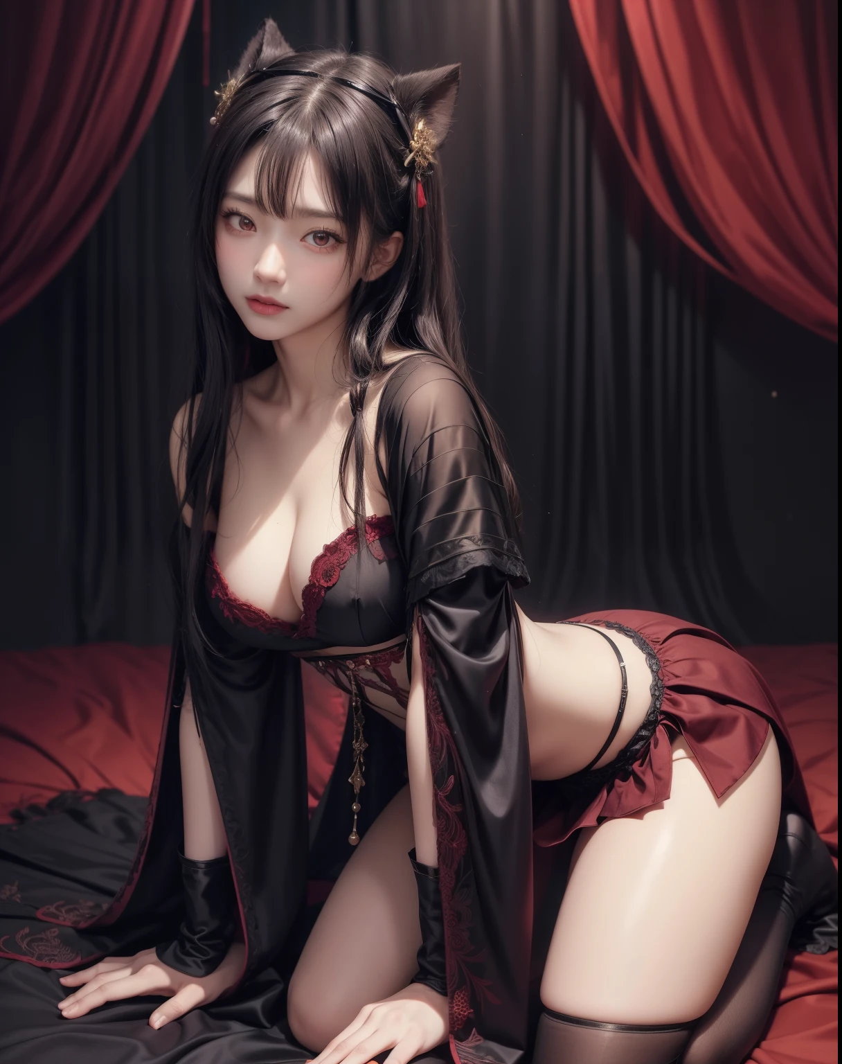 Gothic warrior queen wearing dark red kimono robe and midi skirt, satin, fur, (stockings), thong panties, Decolletage, natural breasts, Backwards and on all fours, zettai ryouiki, medium length hair, Beautiful detailed golden eyes, portrait, most realistic, highest quality, best pixel, 8k ultra