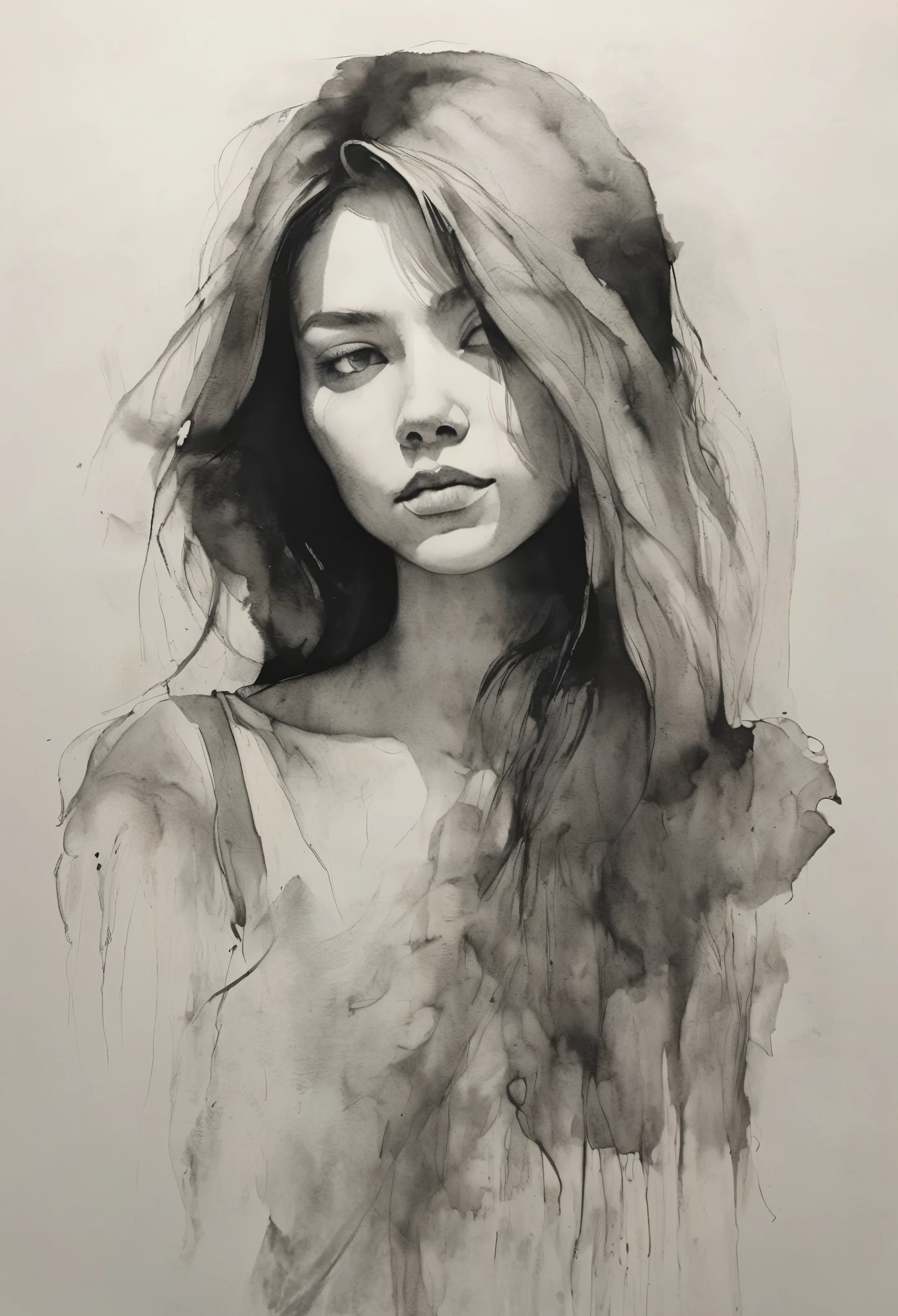 (highest quality, High resolution, masterpiece:1.2), Super detailed, realistic:1.37, Black ink sketch, smooth lines, Expressive facial expressions and postures, minimalistic background, Emphasis on light and shadow and spatial perception, Plenty of negative space, young girl.Ink Portrait,Smooth flowing lines,Expressive facial features,Delicate emotions,Ink density contrast,simple background,Emphasis on light and shadow,amplitude,Plenty of negative space,peaceful atmosphere,calm atmosphere,feels like a dream,Delicate yet fascinating details,calm colors,Calm and introspective,elegant posture,Gentle movements,kind and innocent,A whisper of elegance,Quiet elegance,shining brightness,sublime beauty,Vector illustration,black and white,Natural and Organic,Nurturing and calming,Sublime simplicity,fantastic charm.