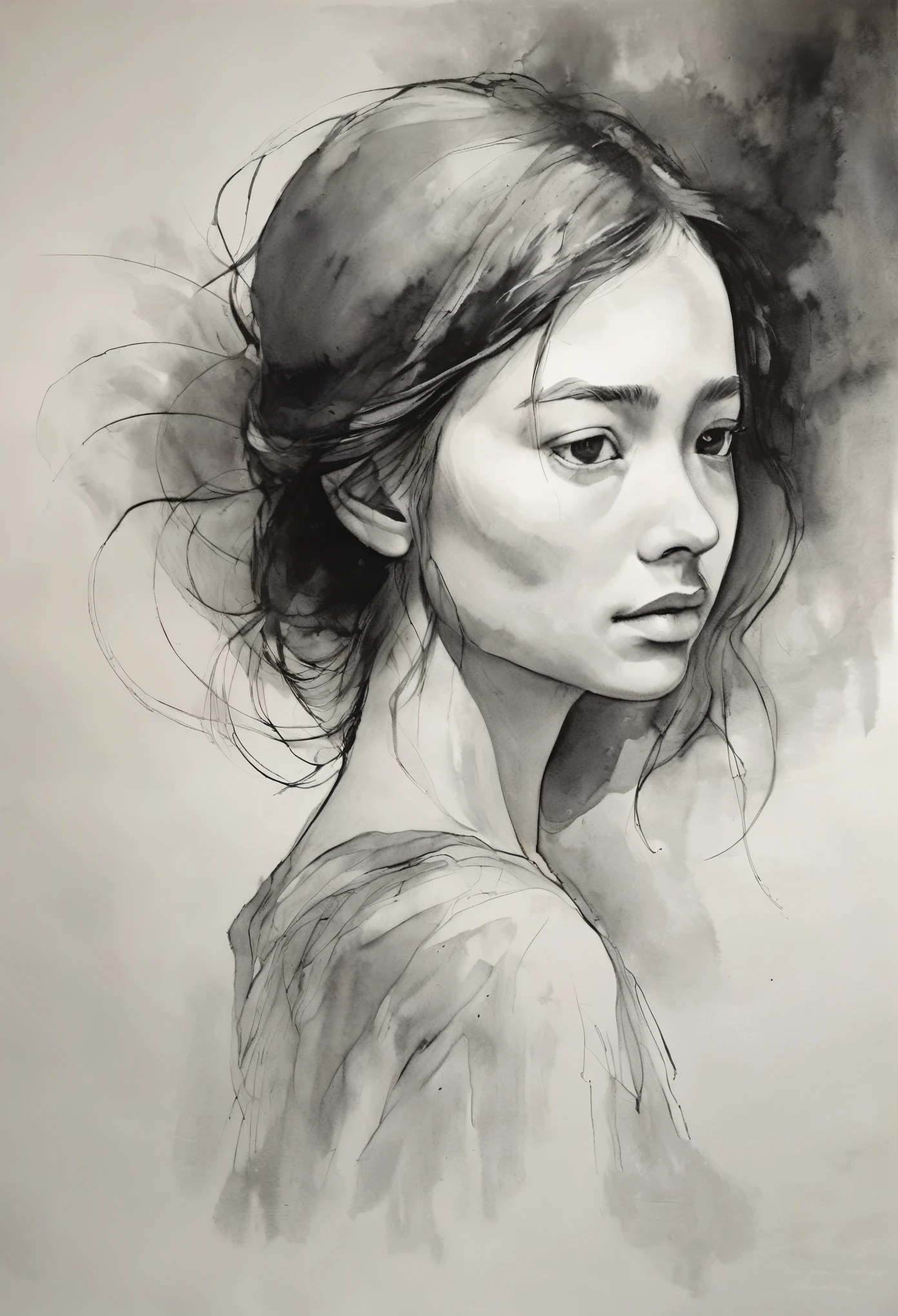 (highest quality, High resolution, masterpiece:1.2), Super detailed, realistic:1.37, Black ink sketch, smooth lines, Expressive facial expressions and postures, minimalistic background, Emphasis on light and shadow and spatial perception, Plenty of negative space, young girl.Ink Portrait,Smooth flowing lines,Expressive facial features,Delicate emotions,Ink density contrast,simple background,Emphasis on light and shadow,amplitude,Plenty of negative space,peaceful atmosphere,calm atmosphere,feels like a dream,Delicate yet fascinating details,calm colors,Calm and introspective,elegant posture,Gentle movements,kind and innocent,A whisper of elegance,Quiet elegance,shining brightness,sublime beauty,Vector illustration,black and white,Natural and Organic,Nurturing and calming,Sublime simplicity,fantastic charm.