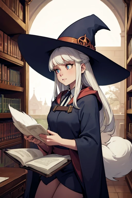 A white haired female witch with copper eyes and white fox ears and a white fox tail in a conservative witch's uniform is reading in the library