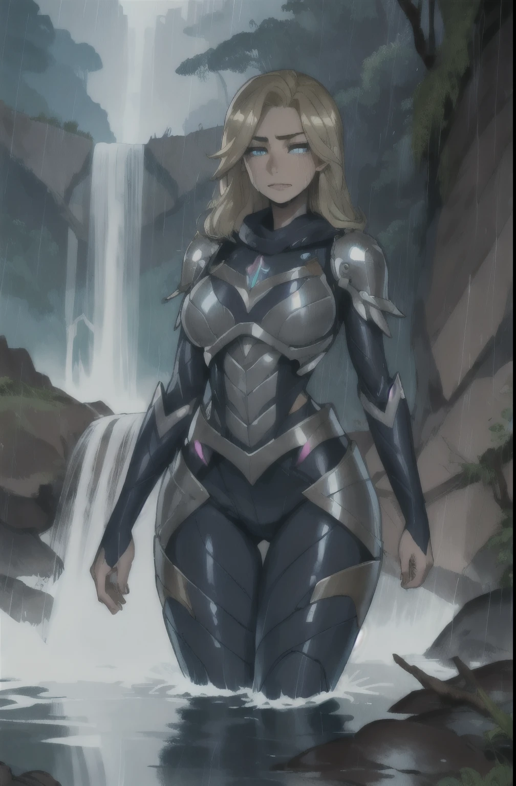 masterpiece, 1 girl, rainy jungle, heavy rain, Waterfall, beautiful view, Luxanna Coronaguard, long blonde hair, armor, breastplate, bodysuit, White gloves, wet, raining, water drops, rain, wet skin, wet, 