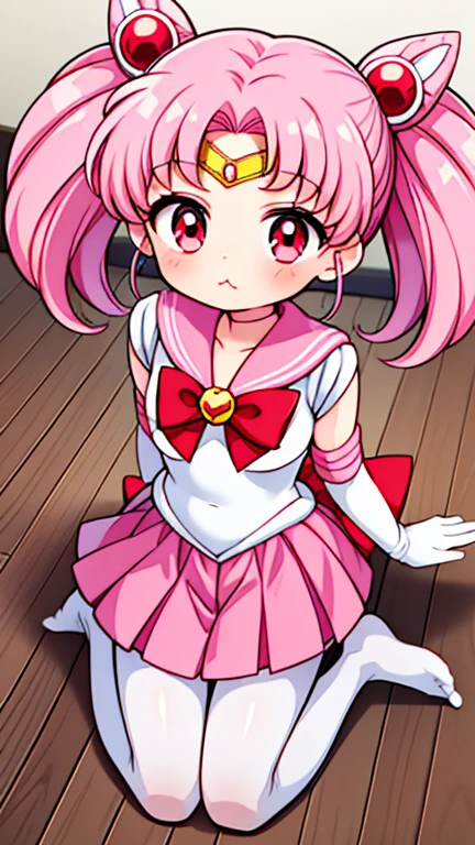 Sailor Moon，childhood，Young，Seven ，Cute little loli，Pink hair twintails，red eyes，short hair，Sailor suit，bow tie，White elbow gloves，Red Skirt，sitting，no shoes，Pout，white pantyhose