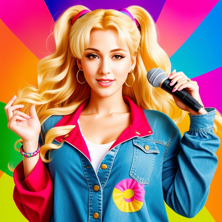 "(Mature and realistic portrayal:1.2) Sailor Moon exuding confidence as she holds a microphone, her blonde hair cascading down, adorned in stylish rainbow denim clothes from the 2000s, with a backdrop filled with donuts."