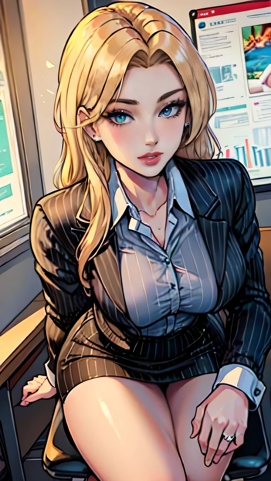 Masterpiece, raw, beautiful art, professional artist, 8k, art style by sciamano240, very detailed face, very detailed hair, 1 mature woman, perfectly drawn body, beautiful face, long hair, blonde hair , very detailed blue eyes, pouty lips , rosey cheeks, intricate details in eyes, playful smile, looking directly at viewer , in love with viewer expression, wedding ring , lipstick, summer downtown setting, very close up on face, wearing classy business suit, black pinstripe shirt, short pencil skirt, high heel shoes, sitting on a office chair,