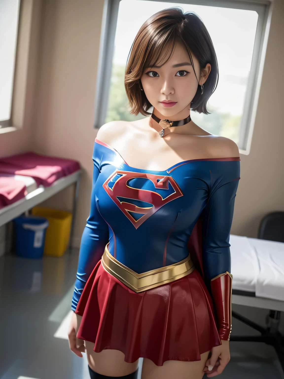 masterpiece、supergirl costume、short hair、barefoot、big and full breasts、Research room、operating table、oil massage、Oily Skin、shiny、look at the camera、Sexy poses to seduce、model body shape、choker、long sleeve、red mini skirt、Cowgirl、Estrus、sweaty skin、Radical、off shoulder、Glamorous、charm、charming、Fascinating、abused、