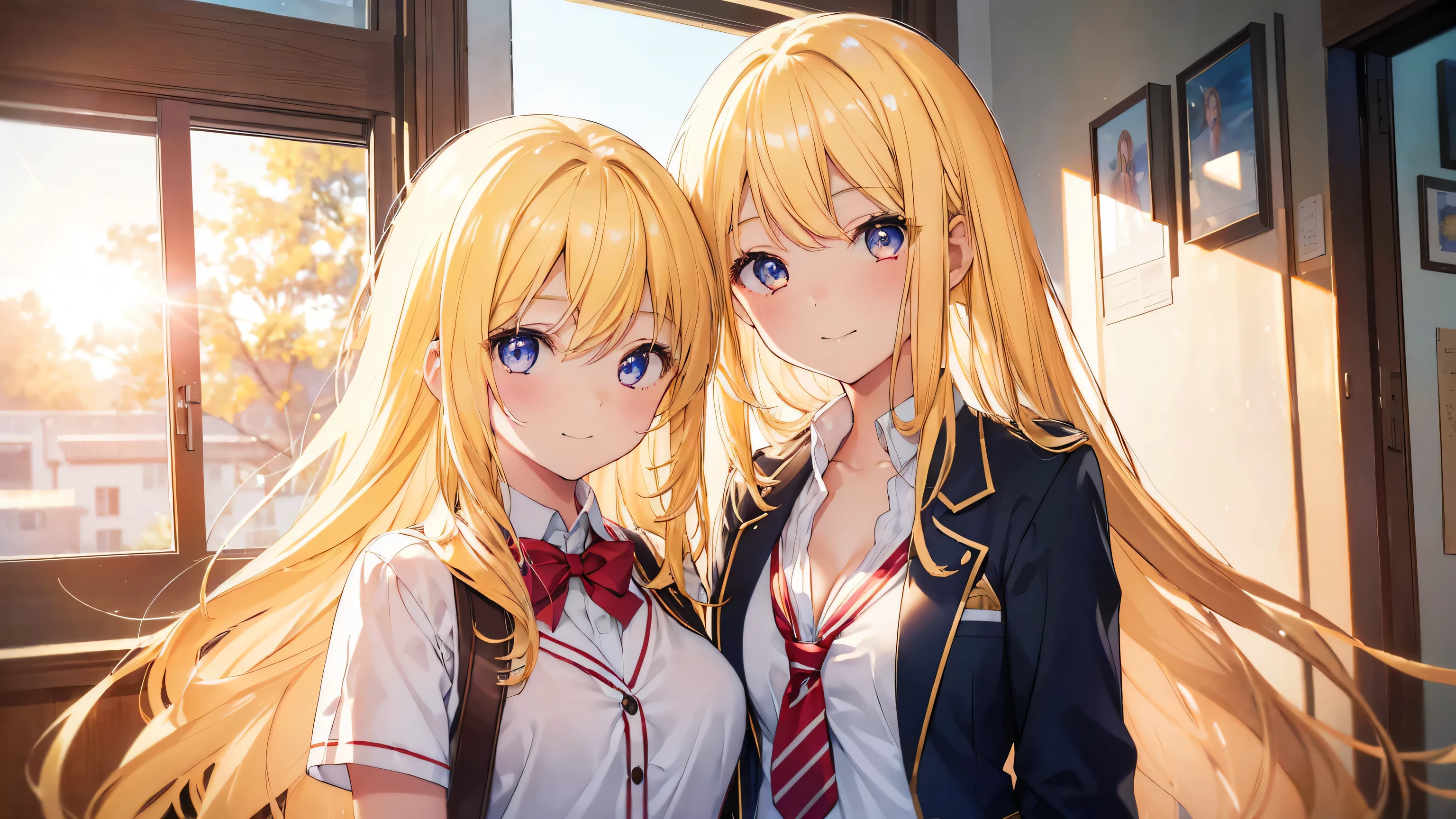 (2 girls, ((11 years old))、stylish long hair, light yellow hair、color, fine eyes, Shining eyes, student of the heart, girl in school days), E-breast, cleavage, Christmas at home, Cute lightweight clothes, smile, mouth opened, hot, Exploiting lens flares, color aberration, high detail, anime, About art, Depth of the bounds written, motion blur, shining light, film grain, UHD, retina, Accurate, masterpiece, anatomically correct, rough skin, Super detailed, high details, high quality, Award history, 最high quality, High resolution, 16k