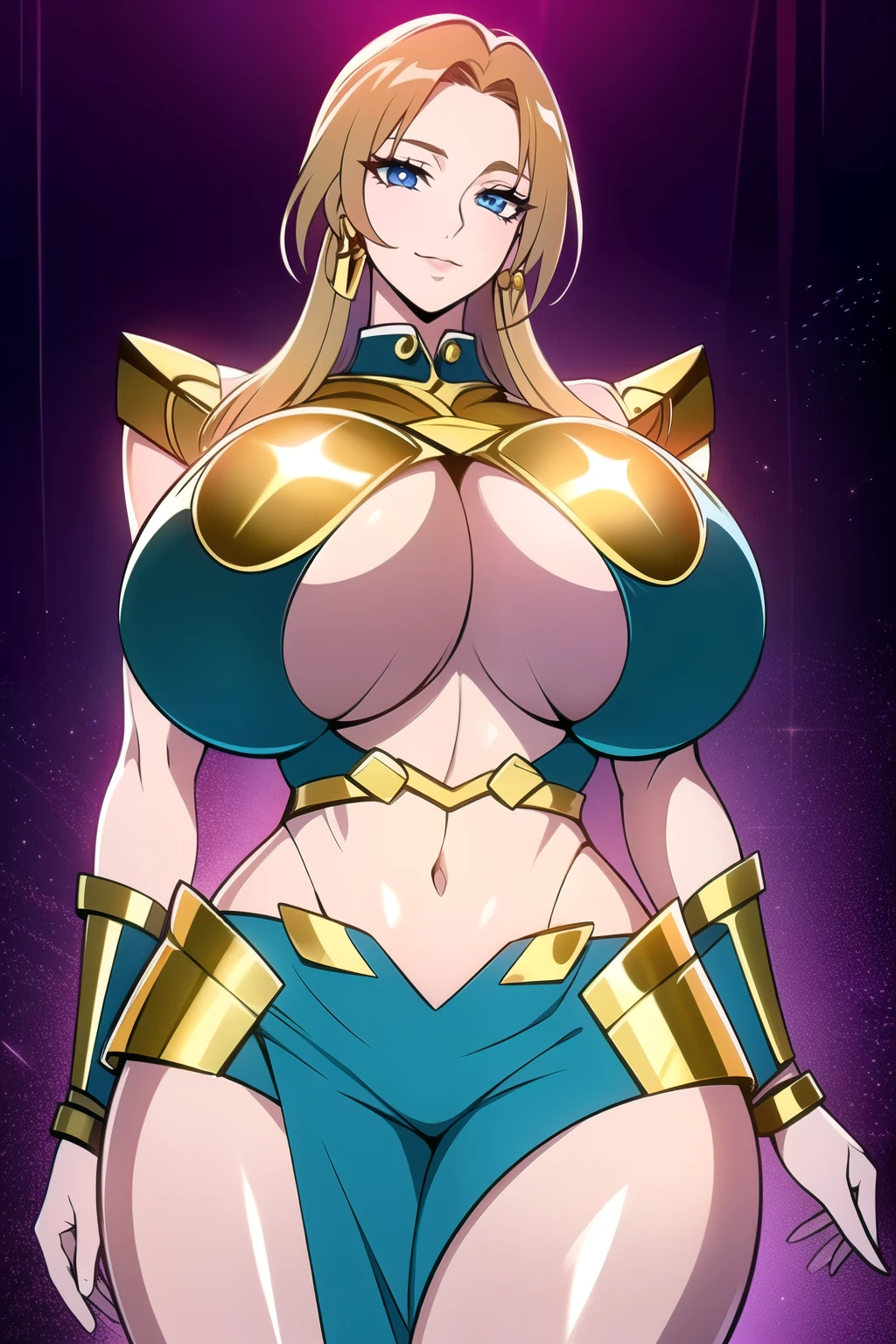 ultra realistic 8k cg, masterpiece, ((ultra detailed background, intricate detail, highly detailed, fine details best quality, hyperdetailed face)), gigantic breasts ,beautiful lighting, absurdres, BoaHancockV2, 1girl, solo, (blonde hair), long hair, jewelry, closed mouth, ), ((Wearing shiny gold armor: 1.4), (Saint Seiya Armor: 1.4), (underboob : 1.4), curvy, midriff, curvy, thighs, shiny clothes), blue eyes, complex detailed background, inside, luxury palace), ((cowboy shot)), curvy, (gigantic breasts: 1.1), seductive smile, cowboy shot,