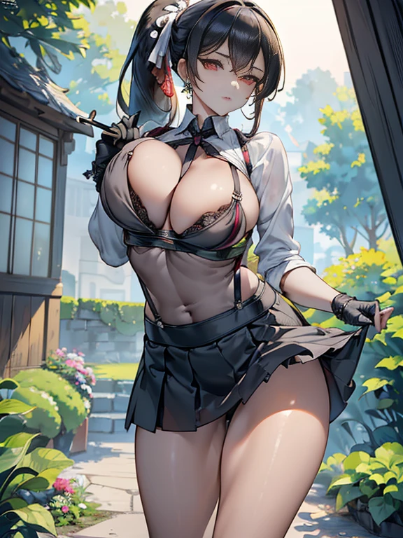 22 years old, (milf:0.8), (solo:1.5), (sfw:1.25), cute breast, beautiful breasts, medium tits,black suspenders,(Bulging ,big breasts:1.1),(Black miniskirt:1.3),garters,Gaze,Small face,bangss,holster,Belt Armament,Beautuful Women, thin waist, big ass:1.0, Raised sexy, (dark green mediumlong hair,side ponytail,hair between eyes,bangs, red eyes, light smile, big , Revimpling fabric, earrings, Hand gloves, detailed face,(smoking:1.3),detailed and beautiful eyes,beautiful detailed lips,Rolling her eyes,manner,(ultra high resolution, 8K RAW photo, photo realistics, thin outline:1.3, clear focus), best qualtiy, natural lighting, textile shading, field depth (Bright pupils, fine detailed beautiful eyes with highlight:1.3, high detailed face), Red lip, fine realistic skins:1.1, looking down viewers:1.3, (dynamic angle:1.3, front view:1.1, breast focus:1.3, from below:1.2), (dynamic posing:1.5, sexy posing:1.2, leaning forward),Youghal, side lock, hair ornaments, hair band,nice,garden background,artistic rendering,Super detailed,(highest quality,4k,8K,High resolution,masterpiece:1.2),Bright colors,studio lighting ,in usa military base,