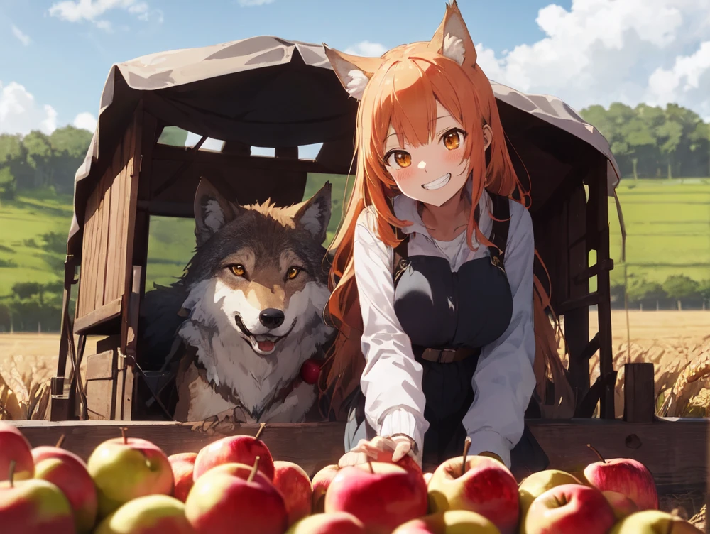 (best quality:1.2), (ultra detailed:1.2), ultra high resolusion, highres,8k, Country roads, wheat fields, hoodless horse-drawn carriage, "Spice and Wolf", Holo lying on a heap of apples piled up on a loading platform, grin, orange hair, long hair, wolf ears, bushy wolf tail, afternoon, and a little apple left with only a core,
