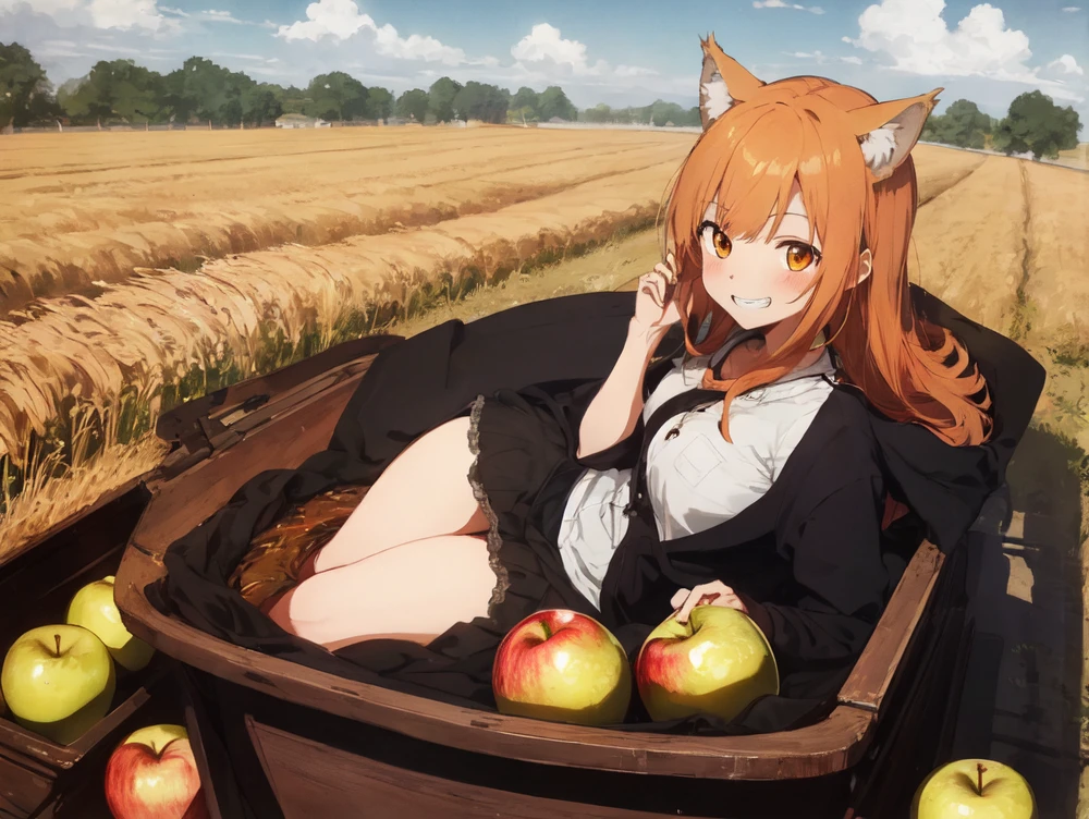 (best quality:1.2), (ultra detailed:1.2), ultra high resolusion, highres,8k, Country roads, wheat fields, hoodless horse-drawn carriage, "Spice and Wolf", Holo lying on a heap of apples piled up on a loading platform, grin, orange hair, long hair, wolf ears, bushy wolf tail, afternoon, and a little apple left with only a core,