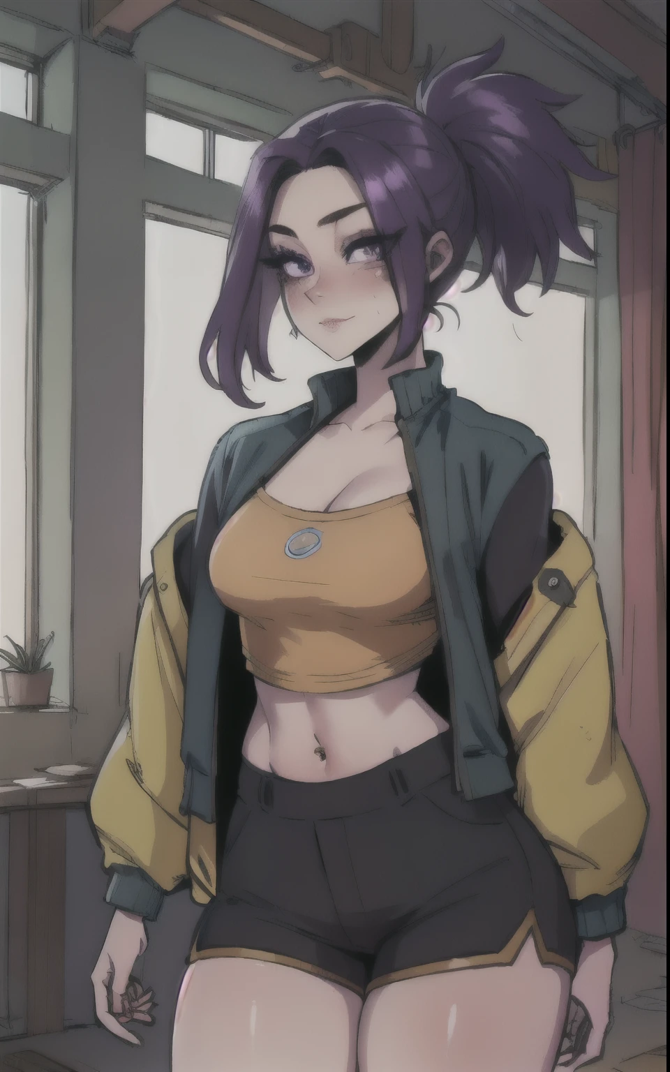 Best quality, masterpiece, (1 girl solo),exquisite facial features,Beautiful detailed eyes, 4K, HDR,  purple hair, bright skin, micro shorts, cropped jacket, vest, hips, thick hips, ponytail, ass