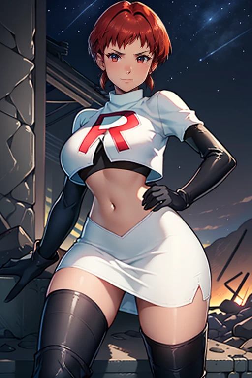 leonie pinelli, short hair ,earrings, glossy lips ,Team rocket, team rocket uniform, red letter R, white skirt,white crop top,black thigh-high boots, black elbow gloves, evil smile, night sky background, earrings, large breasts, high-heeled boots
