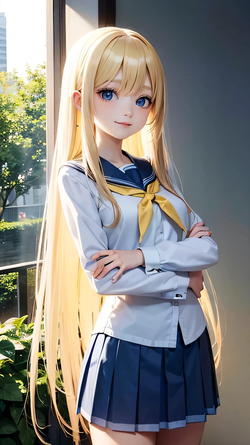 very cute girl、、light yellow hair、long straight hair、Bangs are too close to the eye、Light Blue Eye、(normal ears)、thin arms、Beautiful body、slim legs、big eyes、large, well-shaped breasts,、clear white skin、smile、(school uniform、uniform white and blue)、Rose Garden、Super high quality、digital single lens reflex、