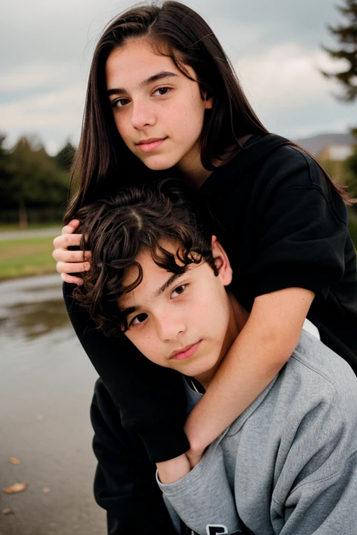 A girl with straight brown hair hugging a boy with curly black hair and a black sweatshirt