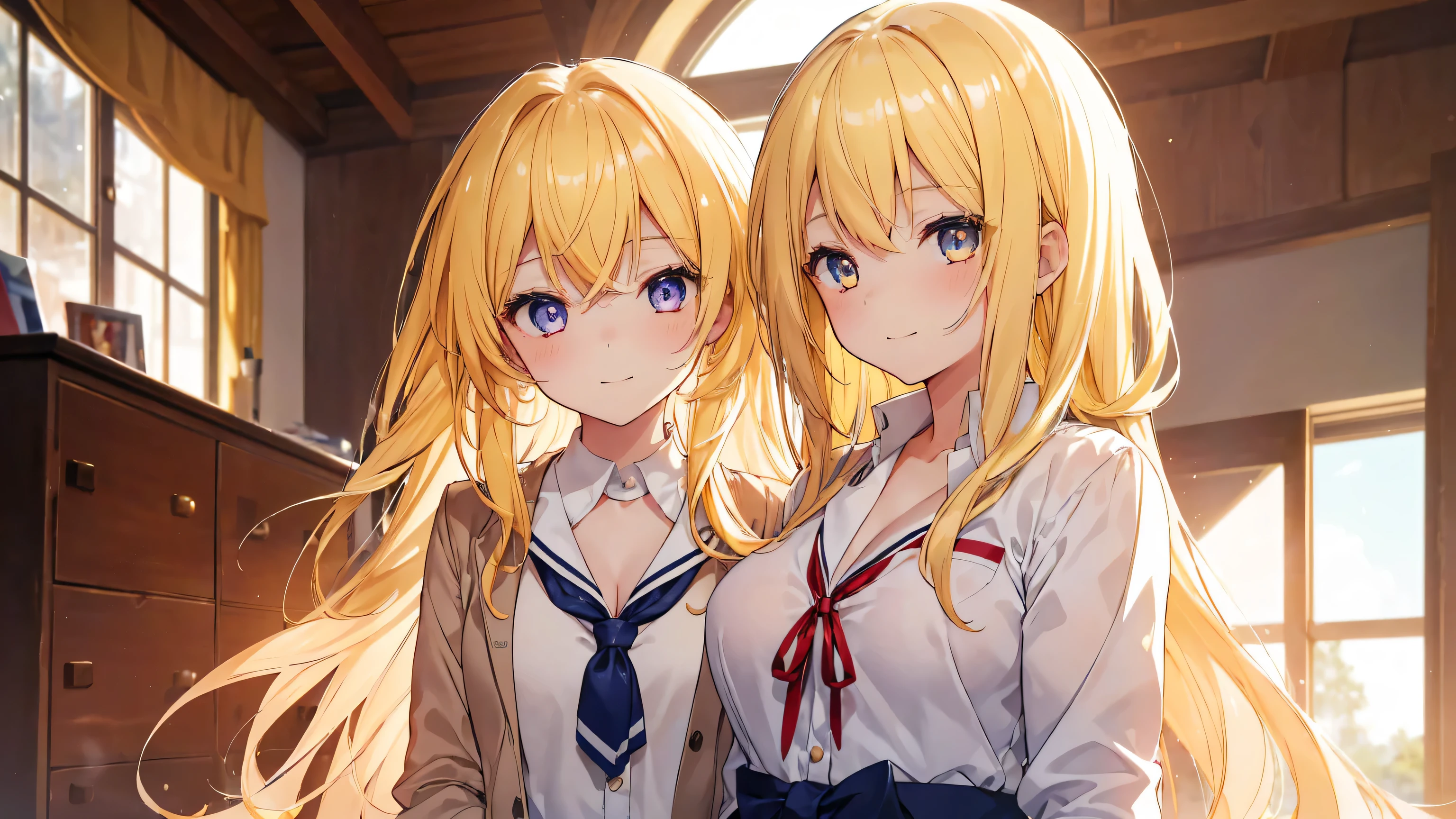 (2 girls, ((11 years old))、stylish long hair, light yellow hair、color, fine eyes, Shining eyes, student of the heart, girl in school days), E-breast, cleavage, Christmas at home, Cute lightweight clothes, smile, mouth opened, hot, Exploiting lens flares, color aberration, high detail, anime, About art, Depth of the bounds written, motion blur, shining light, film grain, UHD, retina, Accurate, masterpiece, anatomically correct, rough skin, Super detailed, high details, high quality, Award history, 最high quality, High resolution, 16k