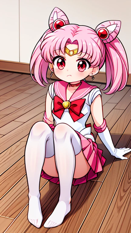 Sailor Moon，childhood，Young，Seven years old，Cute little loli，Pink hair twintails，red eyes，short hair，Sailor suit，bow tie，White elbow gloves，Red Skirt，sitting，no shoes，Pout，white pantyhose
