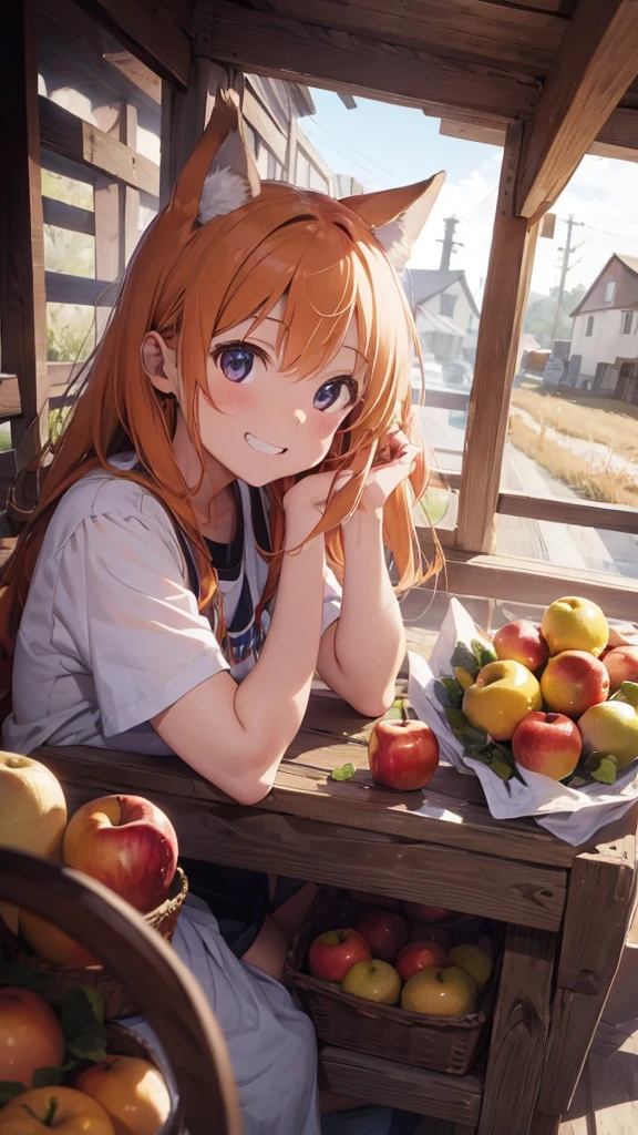 (best quality:1.2), (ultra detailed:1.2), ultra high resolusion, highres,8k, Country roads, wheat fields, hoodless horse-drawn carriage, "Spice and Wolf", Holo lying on a heap of apples piled up on a loading platform, grin, orange hair, long hair, wolf ears, bushy wolf tail, afternoon, and a little apple left with only a core,