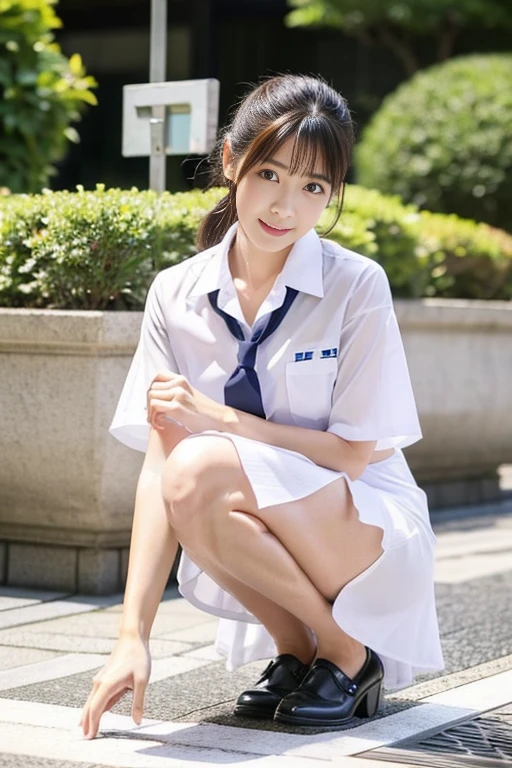 Japanese beauty、A slip is visible from under her office uniform., Not wearing a skirt, business clothes, woman wearing office dress, Work clothes, Work clothes, catalog photo, from me, Detailed image, business clothes装, Image Center, grey, white underwear、The white slip is visible、A white chemise is visible、Crouching down and looking at me