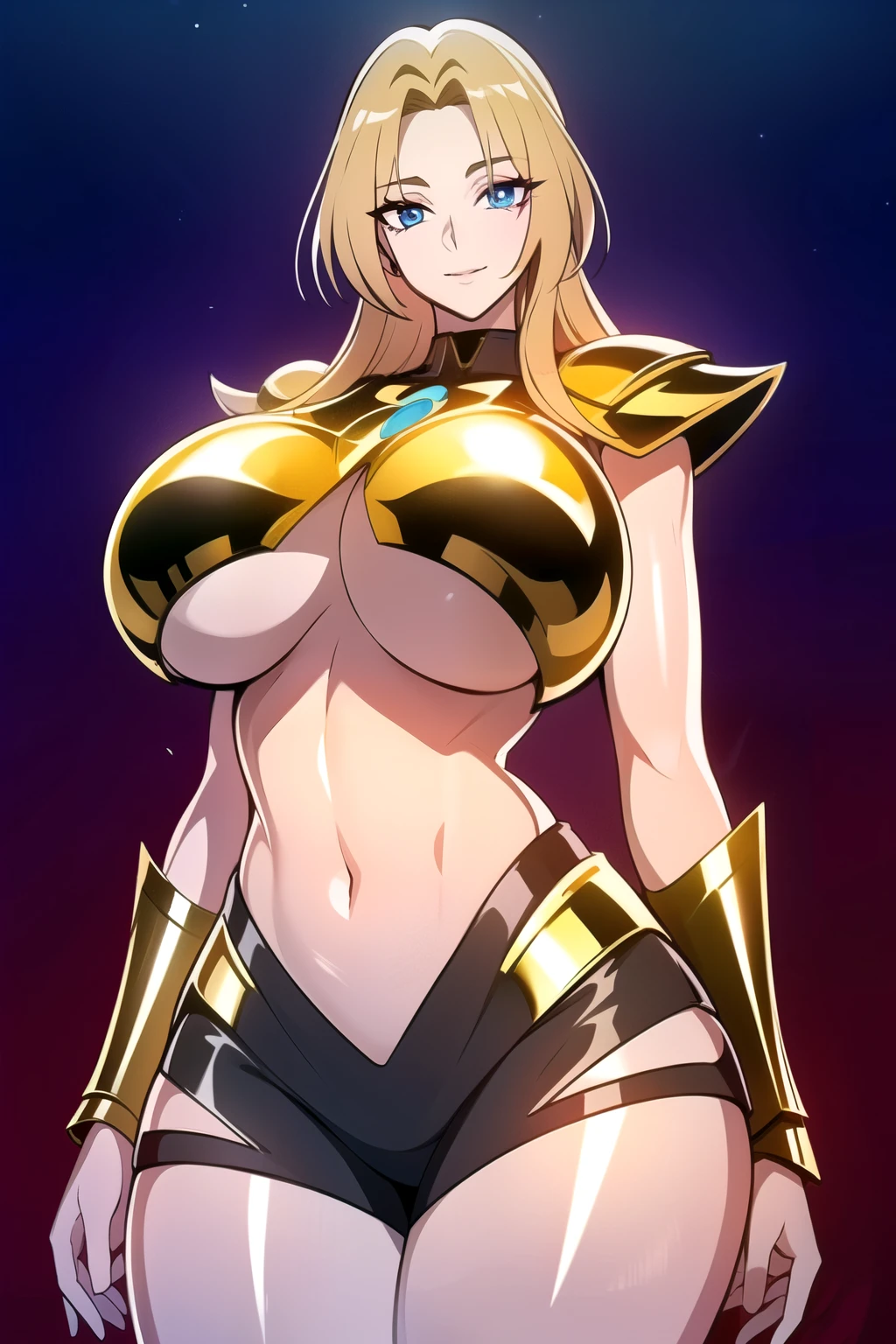 ultra realistic 8k cg, masterpiece, ((ultra detailed background, intricate detail, highly detailed, fine details best quality, hyperdetailed face)), gigantic breasts ,beautiful lighting, absurdres, BoaHancockV2, 1girl, solo, (blonde hair), long hair, jewelry, closed mouth, ), ((Wearing shiny gold armor: 1.4), (Saint Seiya Armor: 1.4), (underboob : 1.4), curvy, midriff, curvy, thighs, shiny clothes), blue eyes, complex detailed background, inside, luxury palace), ((cowboy shot)), curvy, (gigantic breasts: 1.1), seductive smile, cowboy shot,