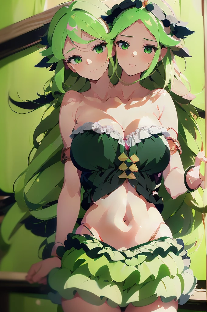 (masterpiece, best quality), best quality, best resolution, (ultra-detailed), (3heads:1.5), 1girl, (fuma mishandra:1.3), masterpiece, best quality, ultra quality, ultra resolution, ultra detail, black top, crop top, ((stomach)), midriff, ((groin)), black skirt, miniskirt, normal ears, shackles, green hair, very long hair, wavy hair, sidelocks, green eyes, parted lips, open belly, sweat, cute, toned belly, hand on own chest, eyelashes, (24 year old woman:1.3), (masterpiece:1.5), (best quality:1.5), (beautiful detailed), extremely detailed CG, extremely delicate and beautiful, depth of field, (finely detailed face), (perfect details:1.2), (mature female:1.3), wide pelvis, slender, large veiny breast, 16k resolution, highres, high quality, high definition, extremely detailed, masterpiece, green hair, long hair, alluring presence, twin braid, short skirt, close up, big tits, young, girl with three heads,