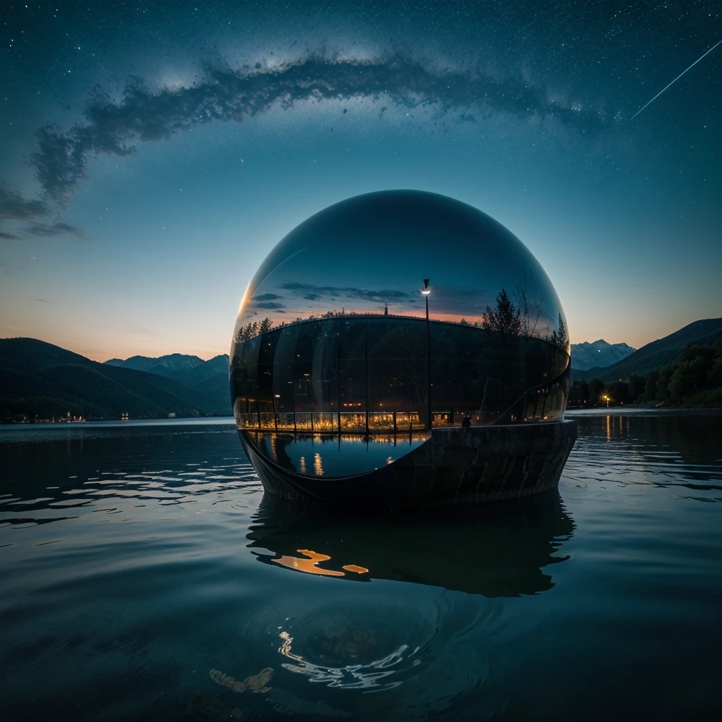 a giant eye emerges from the waters of a mountain lake. His reflection in the water is a real sight. The eye emerges from the waters during a starry night, high quality, realistic lighting, center of the picture, (a giant eye is reflected on the water), clear and quiet water surface, starry sky, mountains in background, (the eye is perfectly reflected on the water), (perfect reflections)