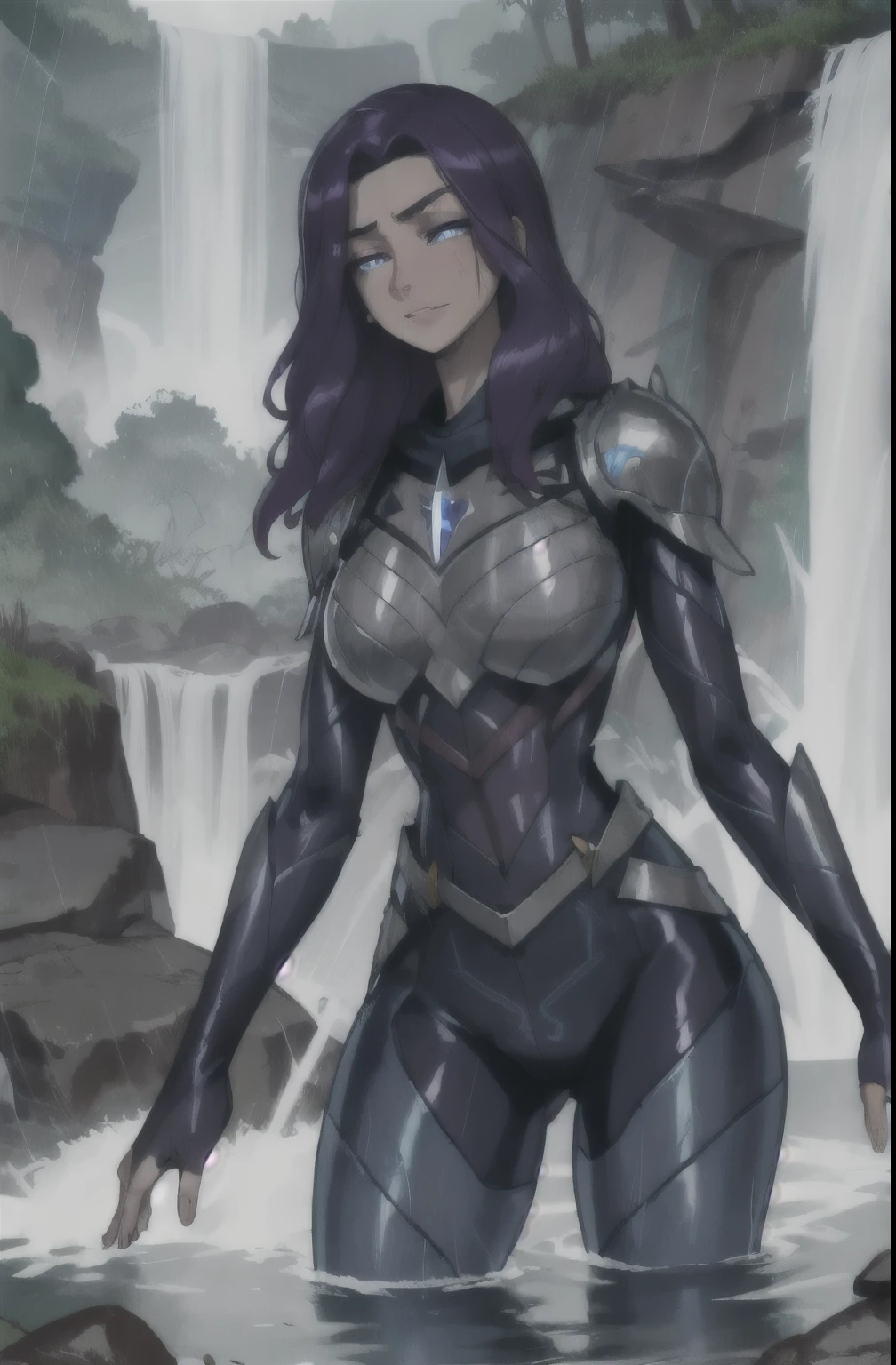 masterpiece, 1 girl, rainy jungle, heavy rain, Waterfall, beautiful view, Luxanna Coronaguard, Long purple hair, armor, breastplate, bodysuit, White gloves, wet, raining, water drops, rain, wet skin, wet, 