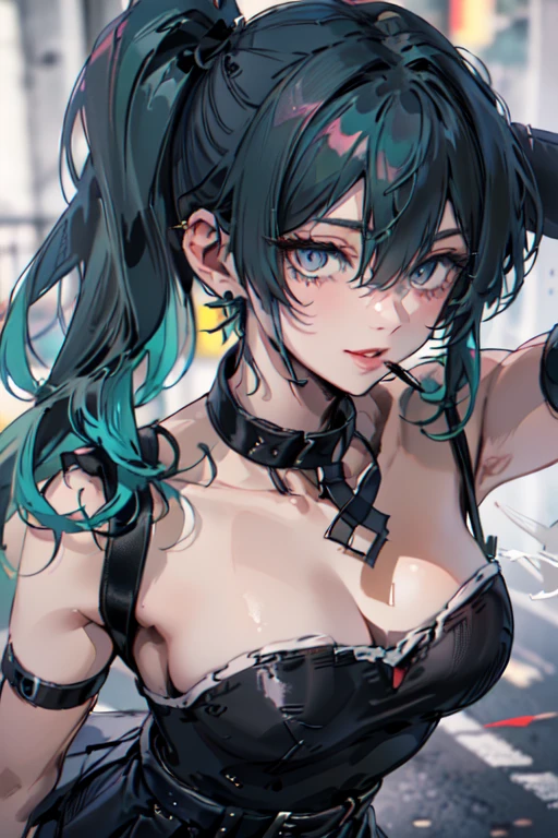  22 years old, (milf:0.8), (solo:1.5), (sfw:1.25), cute breast, beautiful breasts, medium tits,black suspenders,(Bulging ,big breasts:1.1),(Black miniskirt:1.3),garters,Gaze,Small face,bangss,holster,Belt Armament,Beautuful Women, thin waist, big ass:1.0, Raised sexy, (dark green mediumlong hair,side ponytail,hair between eyes,bangs, dark blue eyes, light smile, big , Revimpling fabric, earrings, Hand gloves, detailed face,(smoking:1.3),detailed and beautiful eyes,beautiful detailed lips,Rolling her eyes,manner,(ultra high resolution, 8K RAW photo, photo realistics, thin outline:1.3, clear focus), best qualtiy, natural lighting, textile shading, field depth (Bright pupils, fine detailed beautiful eyes with highlight:1.3, high detailed face), Red lip, fine realistic skins:1.1, looking down viewers:1.3, (dynamic angle:1.3, front view:1.1, breast focus:1.3, from below:1.2), (dynamic posing:1.5, sexy posing:1.2, leaning forward),Youghal, side lock, hair ornaments, hair band,nice,garden background,artistic rendering,Super detailed,(highest quality,4k,8K,High resolution,masterpiece:1.2),Bright colors,studio lighting ,in usa military base,